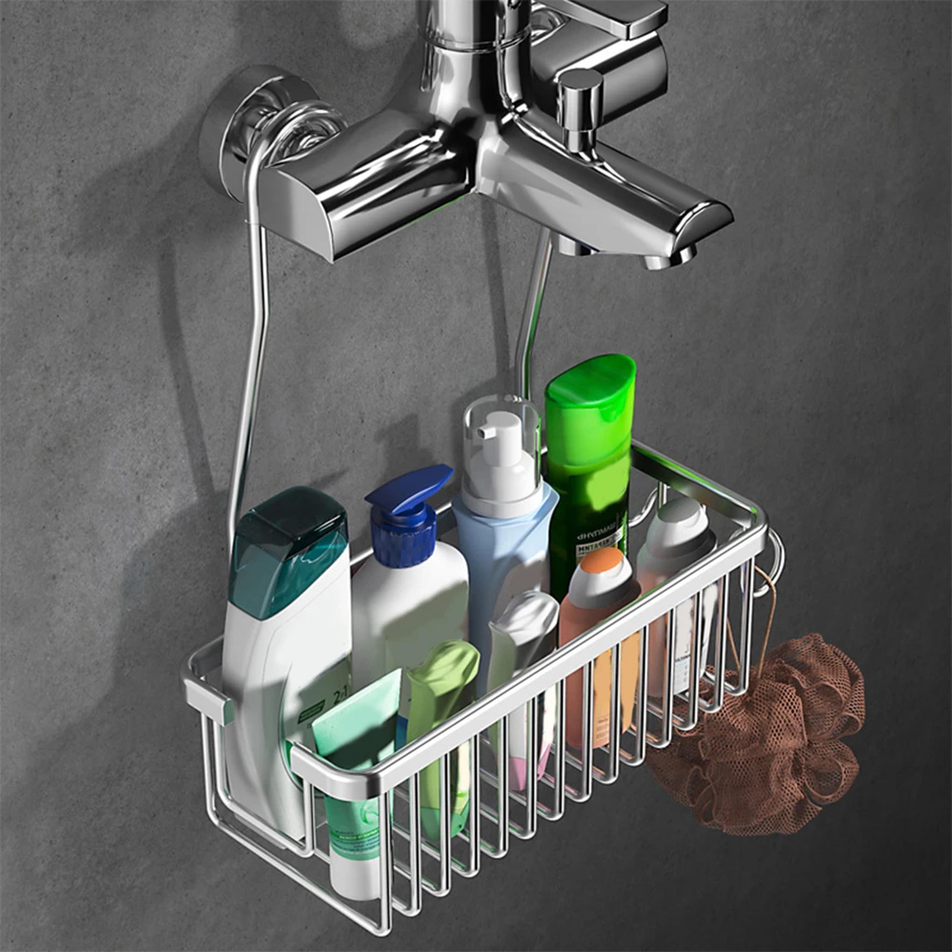Stainless Steel Shower Rack Wall Mounted Bathroom Storage Organizer With Hooks 1