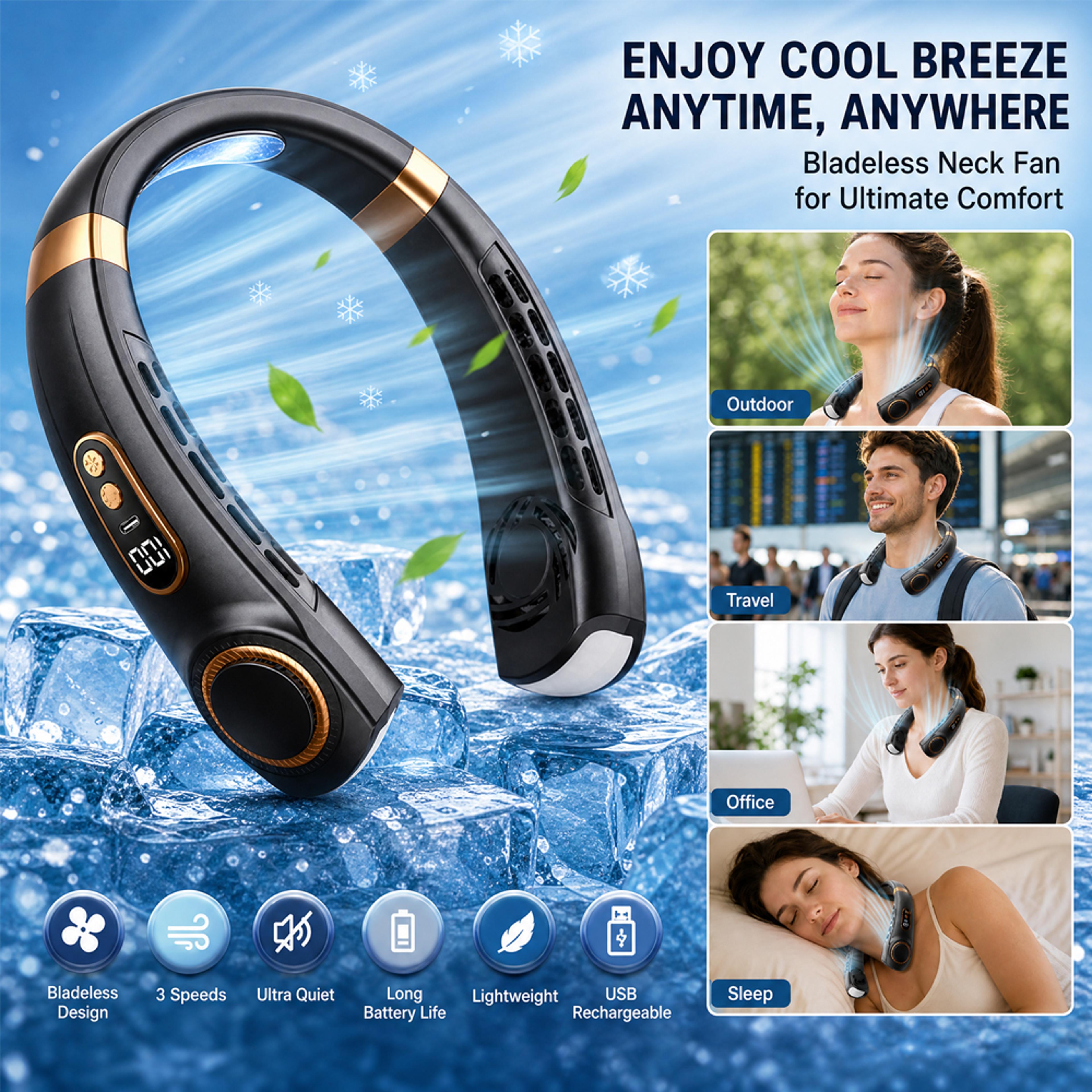 BreezeFlow Wearable Neck Fan With LED Display  USB Rechargeable Cooling 1