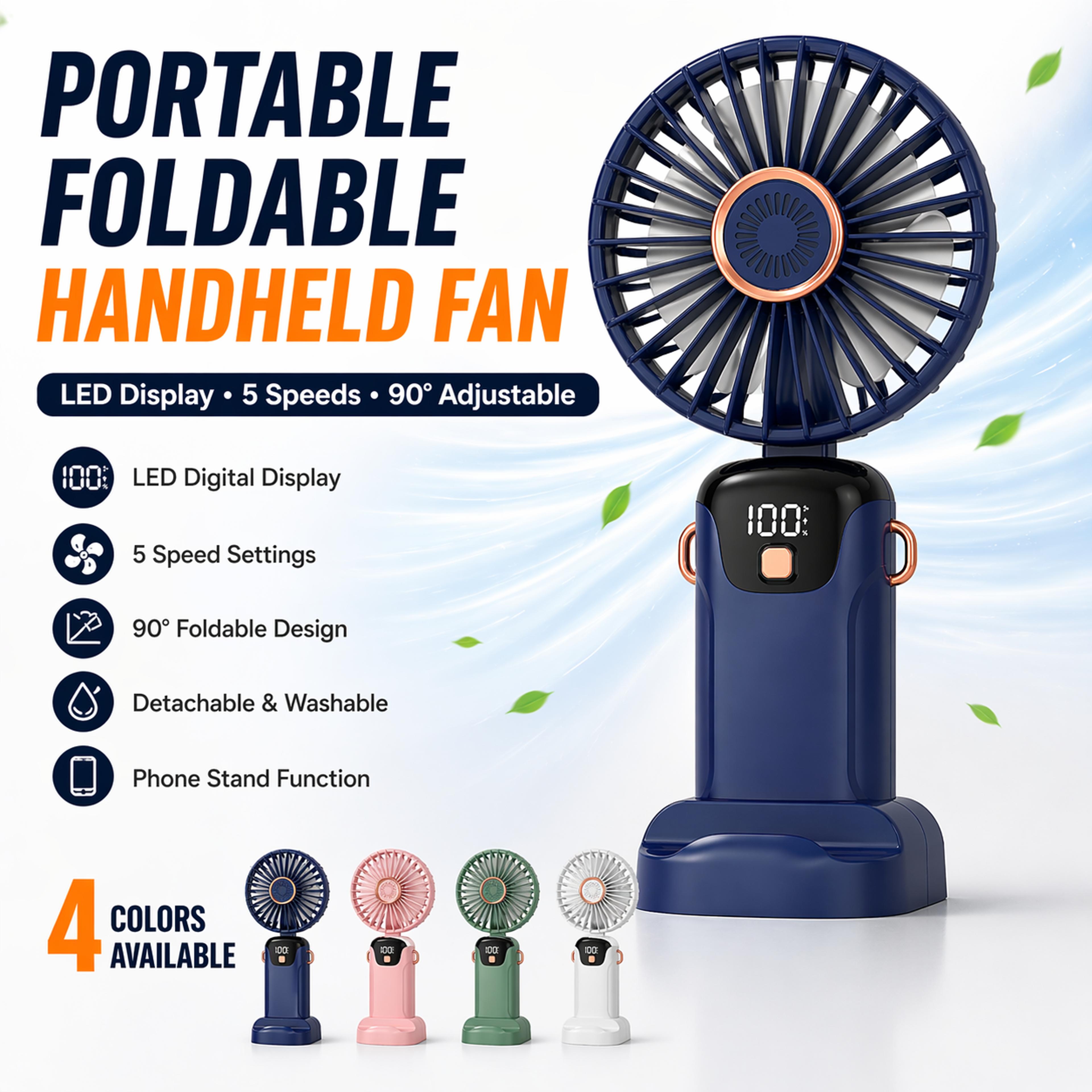 CoolFlex 5 Speed Portable Handheld Fan With Display  Phone Stand 4