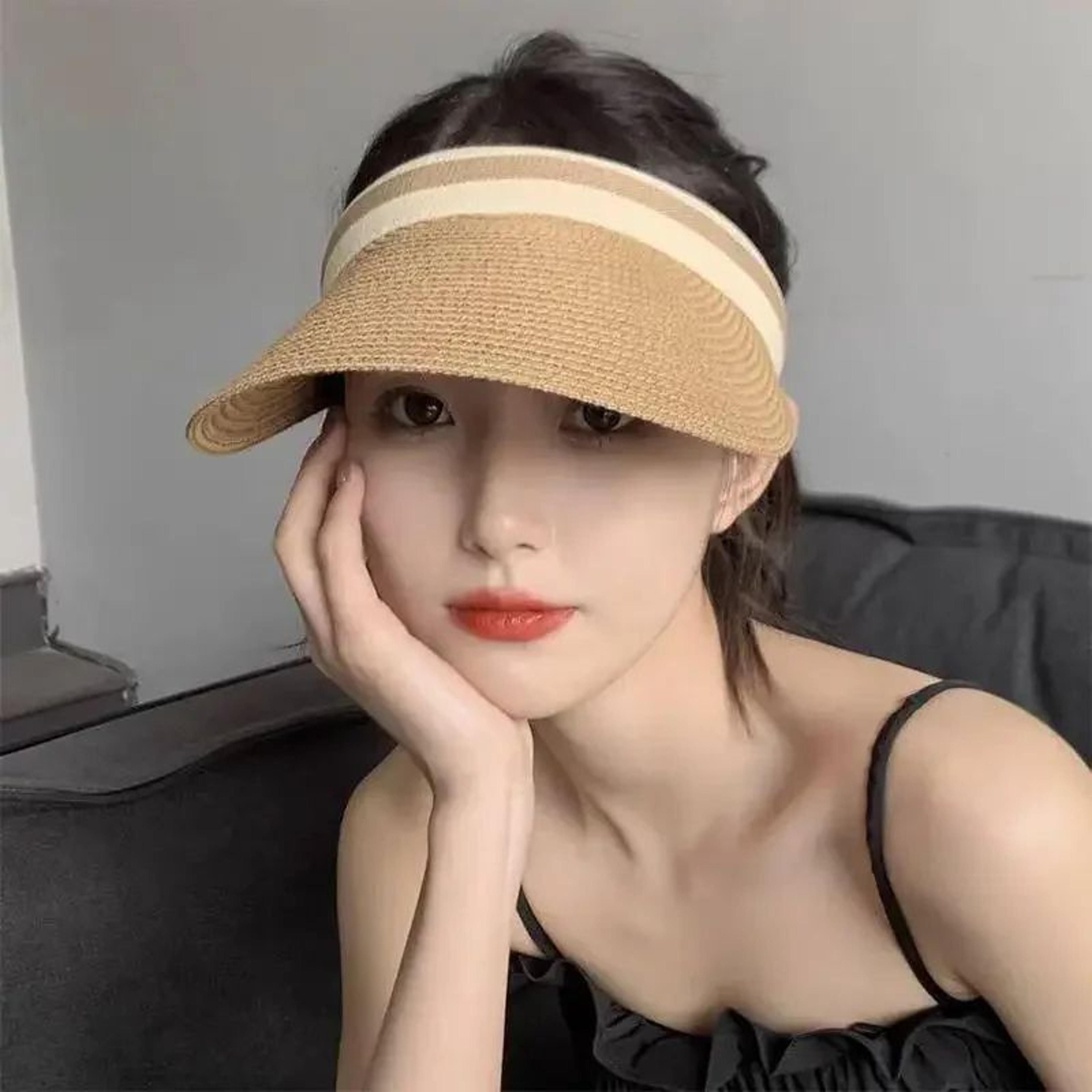 Korean Raffia Sun Visor Hat For Women With UV Protection Breathable Straw Beach Cap 2