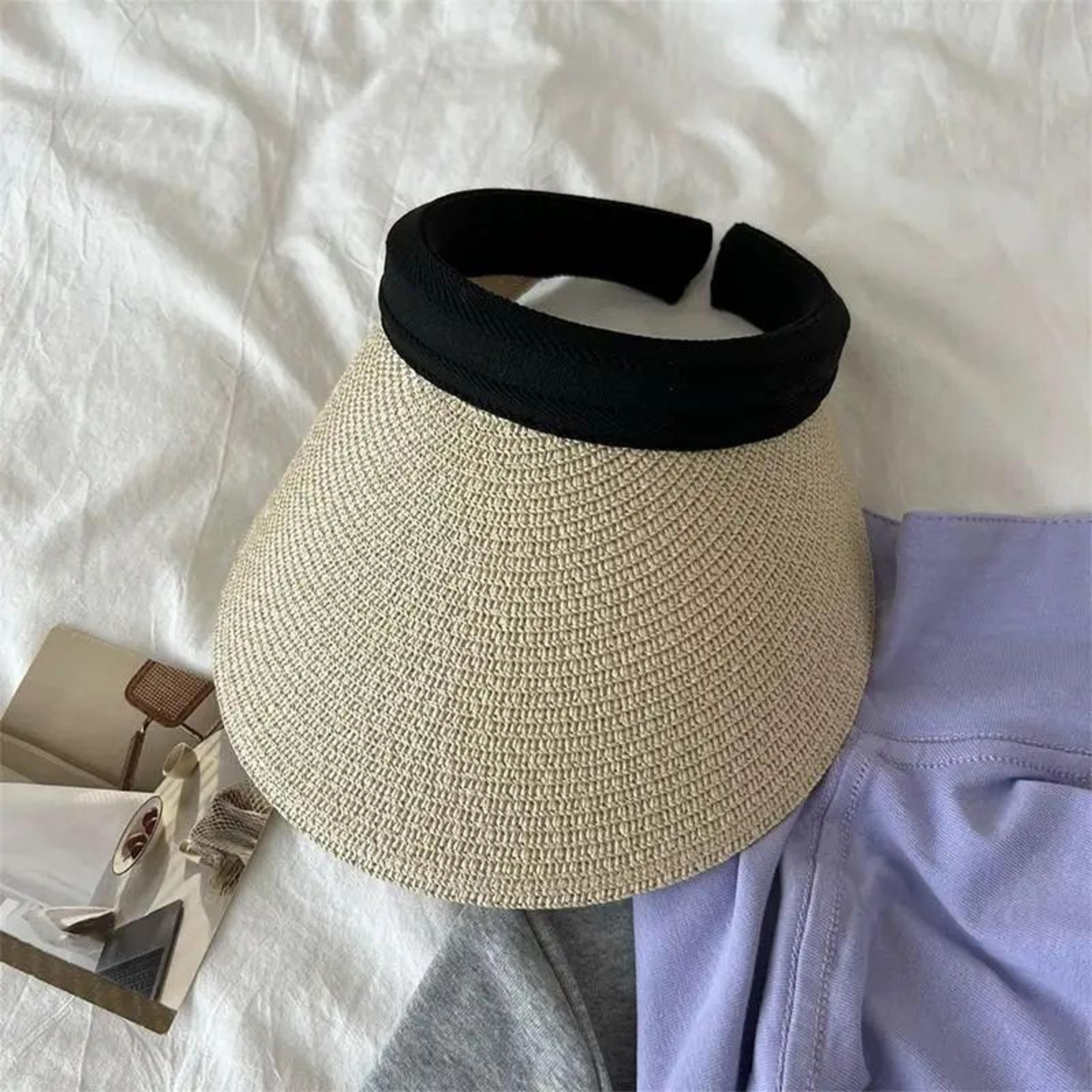 Korean Raffia Sun Visor Hat For Women With UV Protection Breathable Straw Beach Cap 7