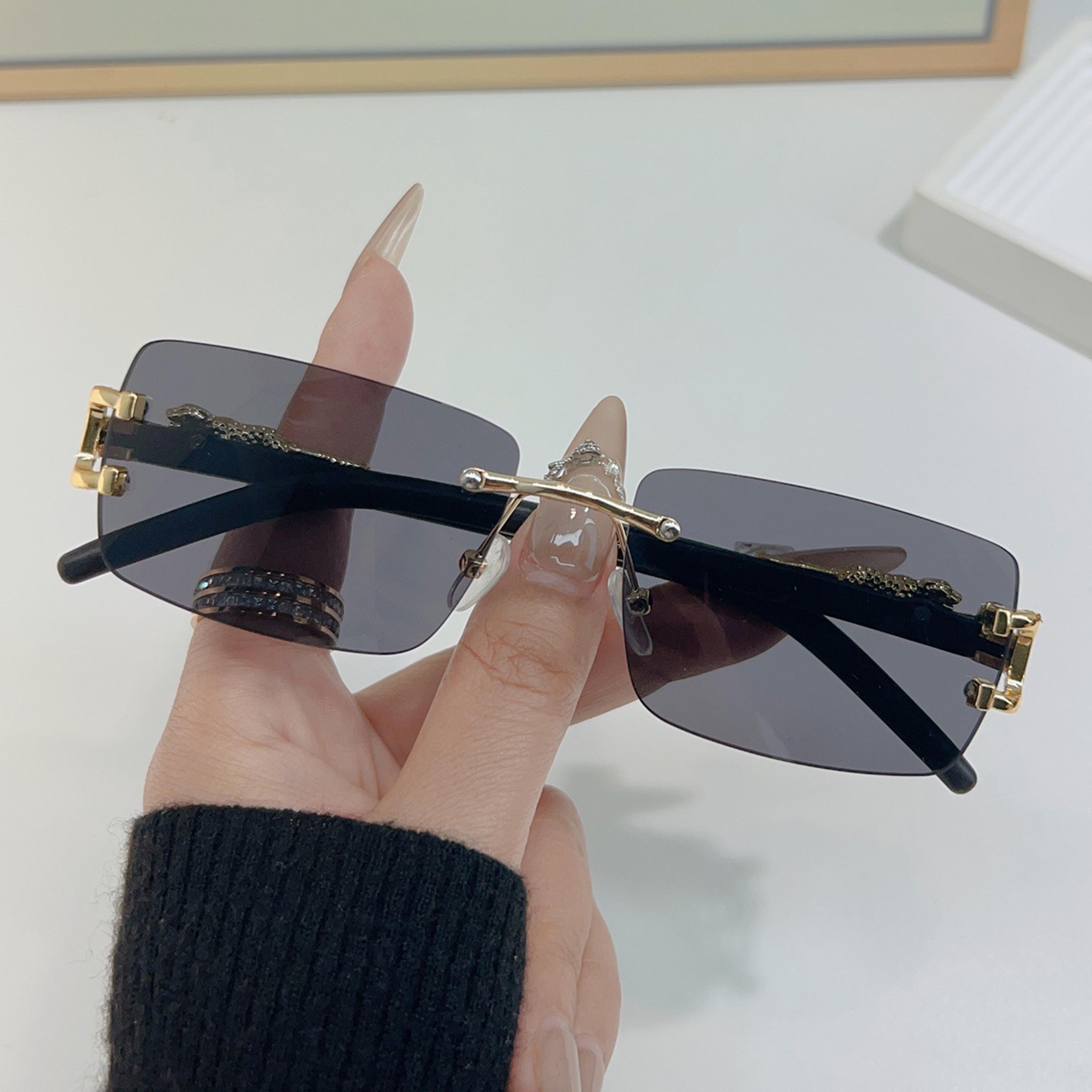 Rimless Geometric Leopard Sunglasses With Gradient UV Protection Lenses 5