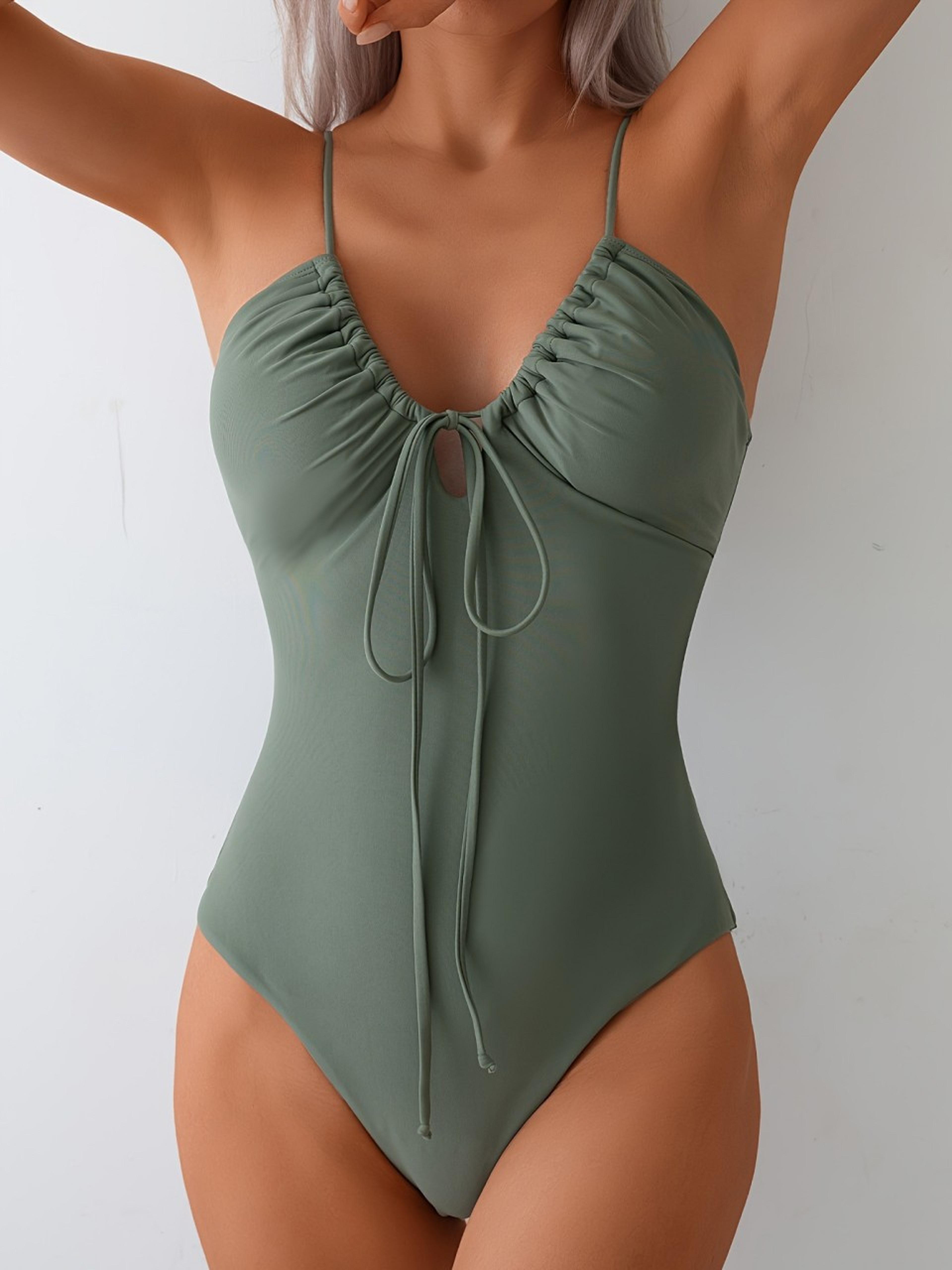 Army Green One Piece Swimsuit For Women Strappy Padded Swimwear With Adjustable Tie Back 1