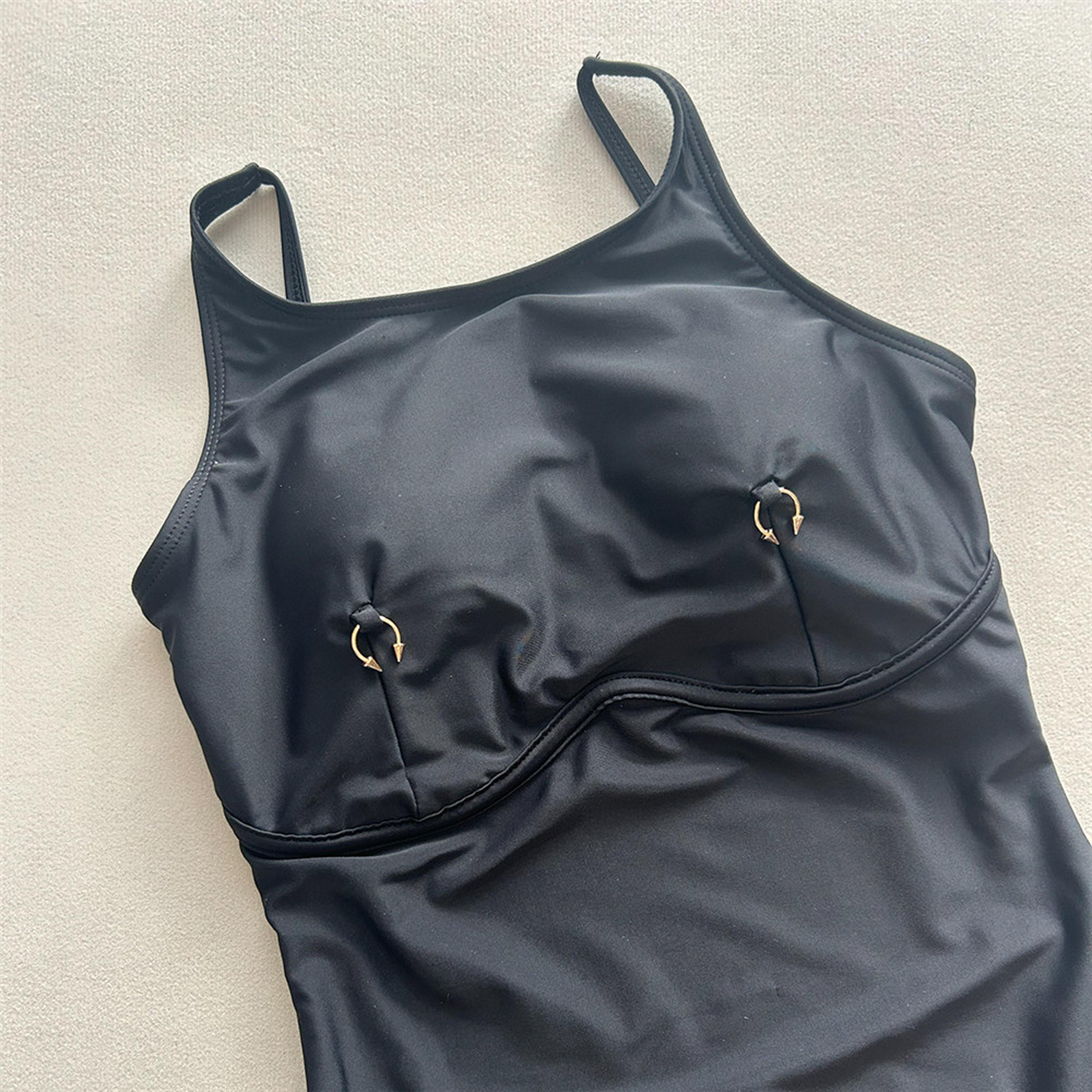 Backless One Piece Swimsuit For Women Metal Ring Black Monokini Beach Swimwear 1