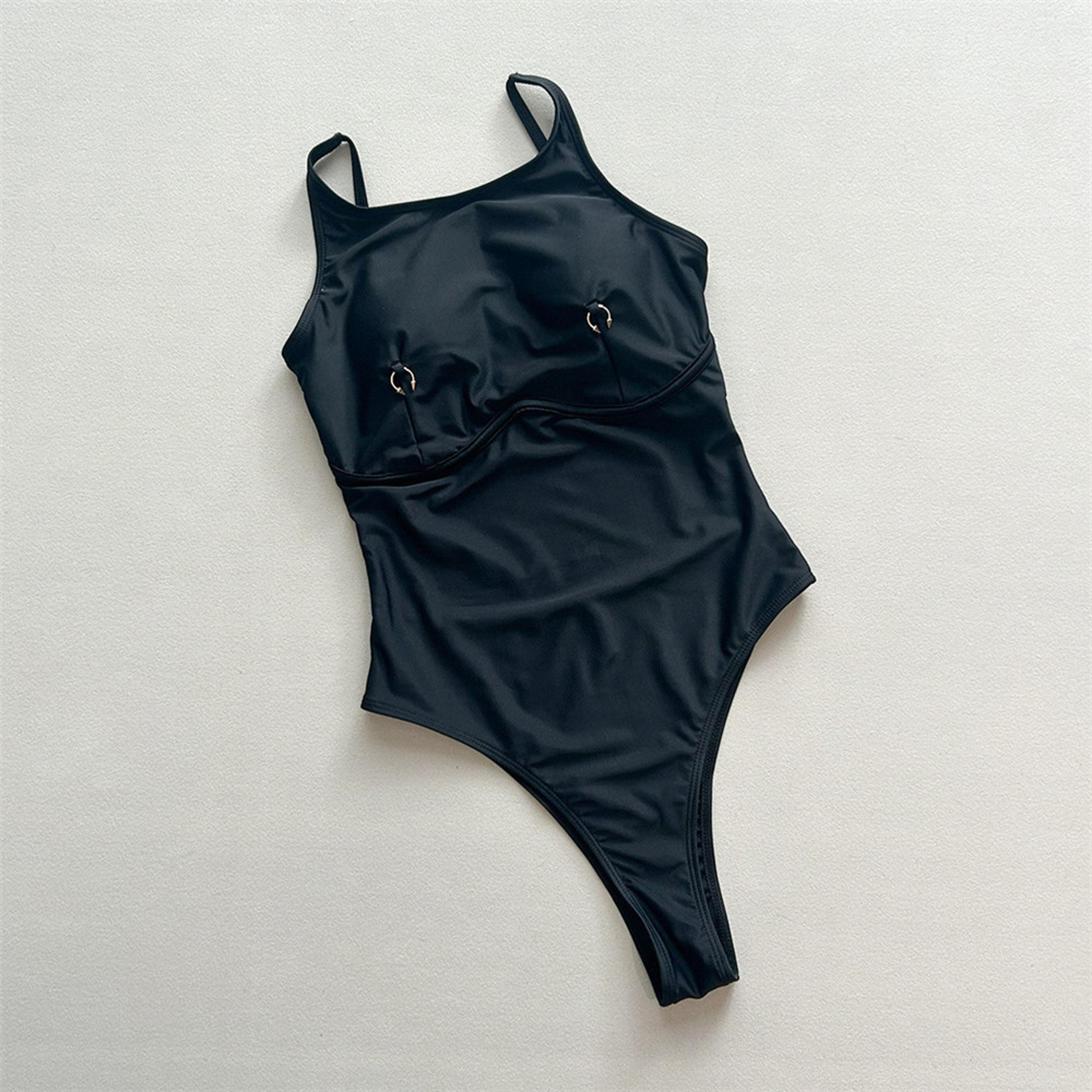 Backless One Piece Swimsuit For Women Metal Ring Black Monokini Beach Swimwear 4