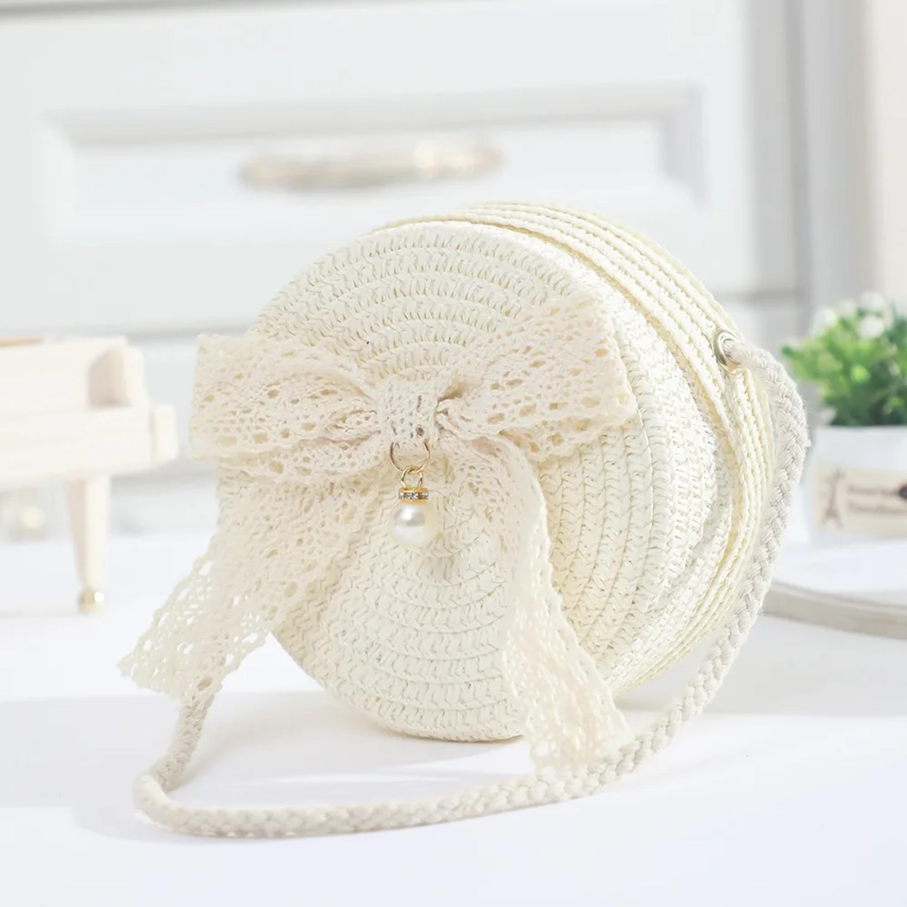 Kids Straw Bag With Lace Bow Lightweight Girls Crossbody Purse For Summer Beach Adventures 6