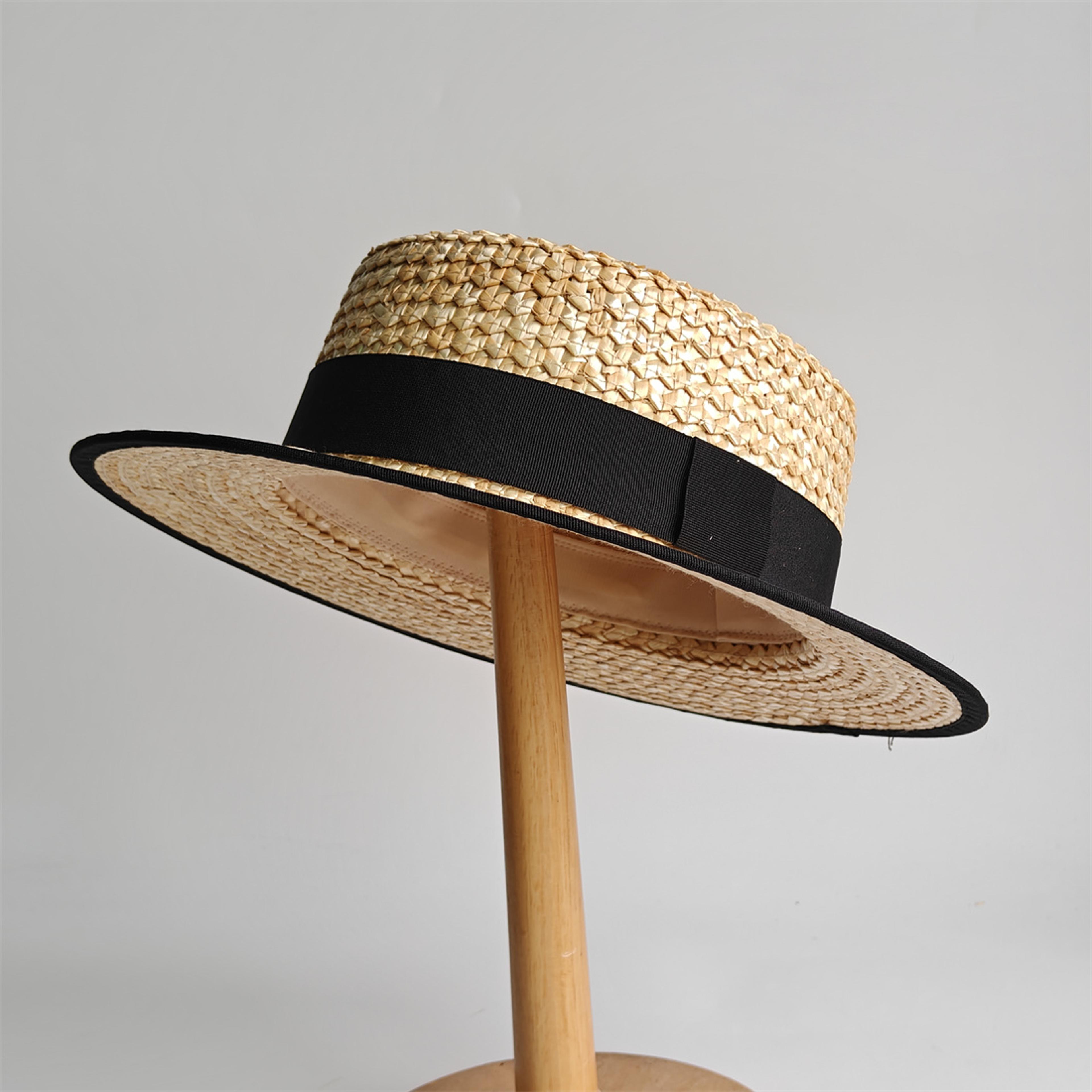 Wide Brim Straw Hat With Black Trim  Unisex Sun Protection Beach Boater Hat 5
