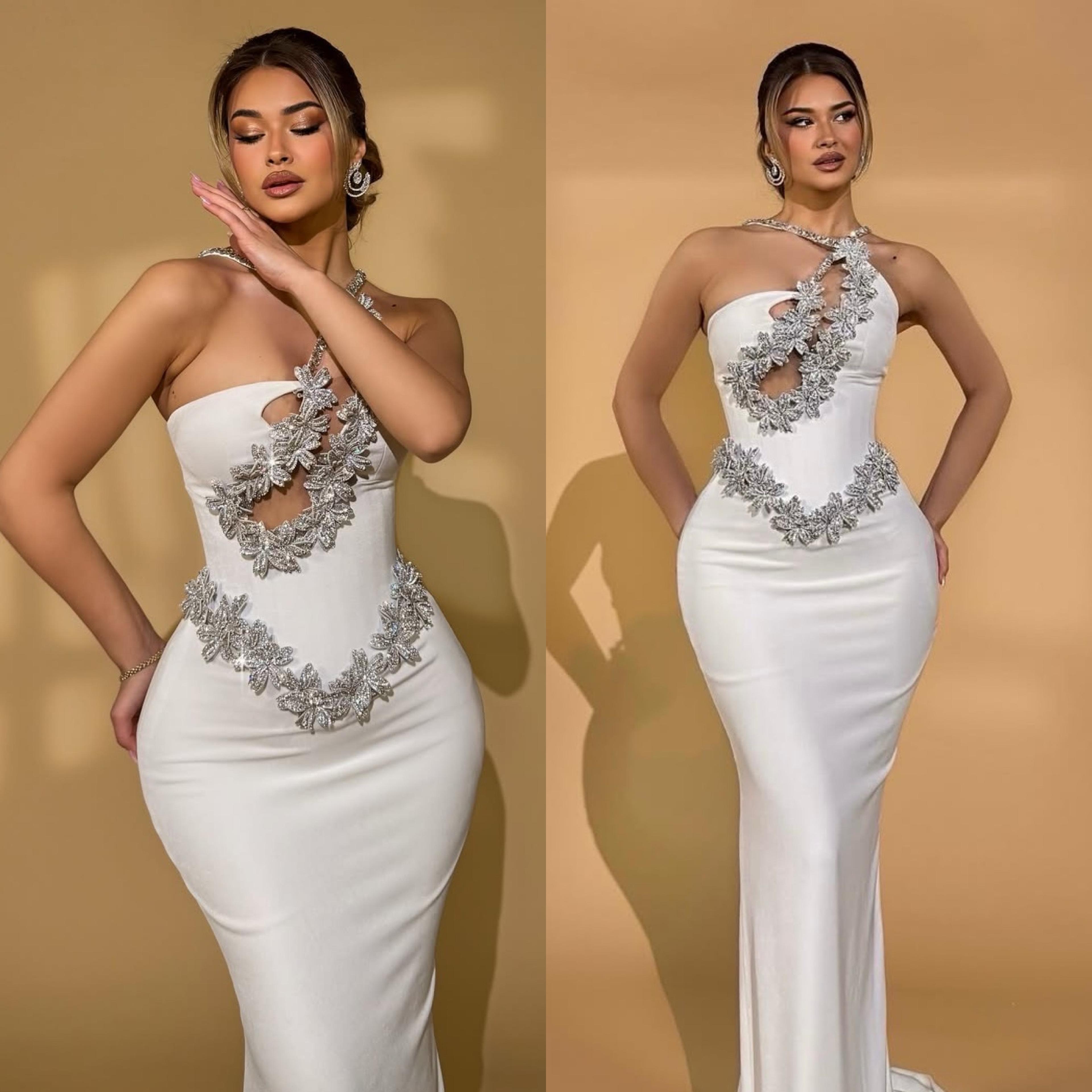 elegant one shoulder dress white bodycon dress with rhinestone backless bandage fits