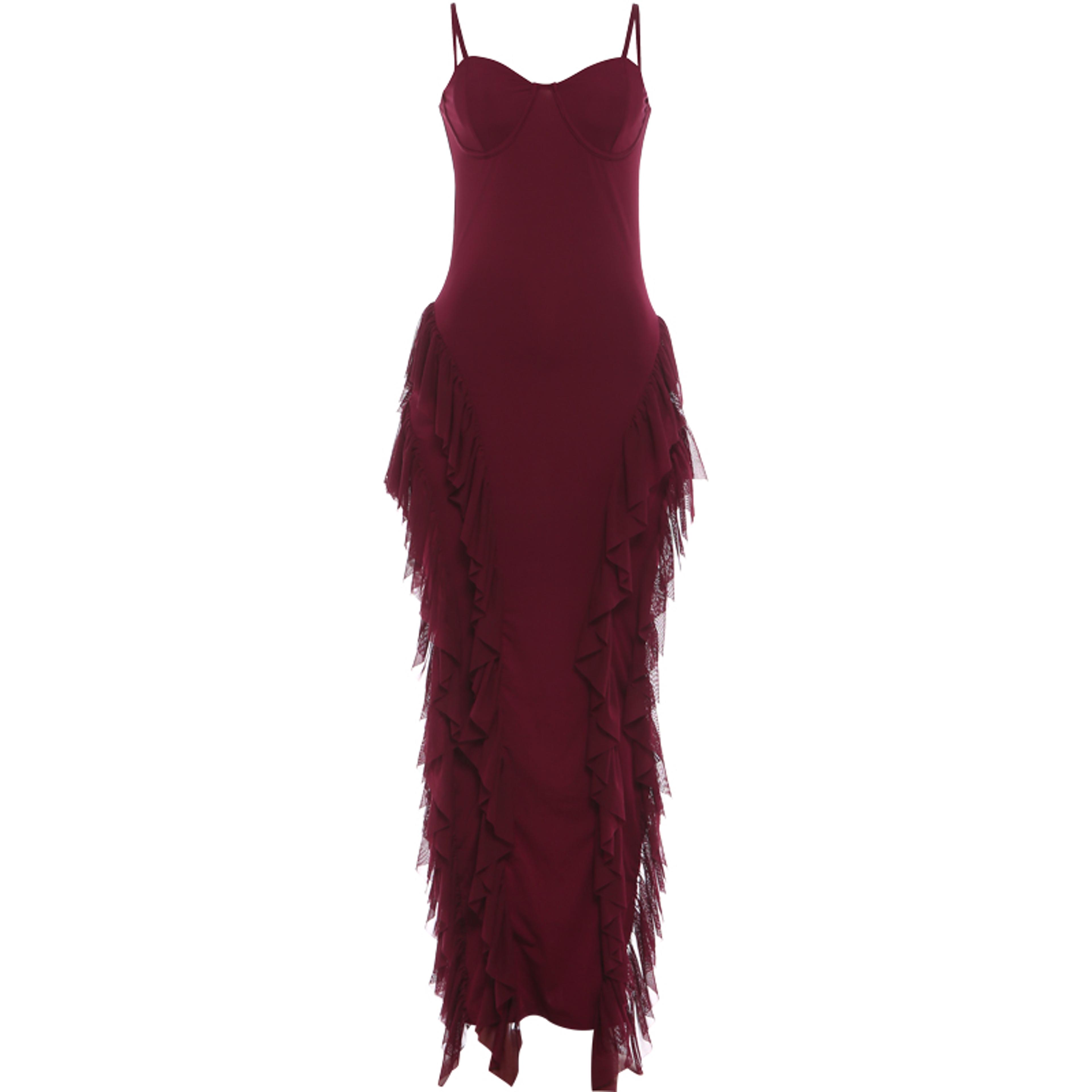 Kliou Backless Maxi Dress Elegant Mesh Ruffle Bodycon Evening Gown 4