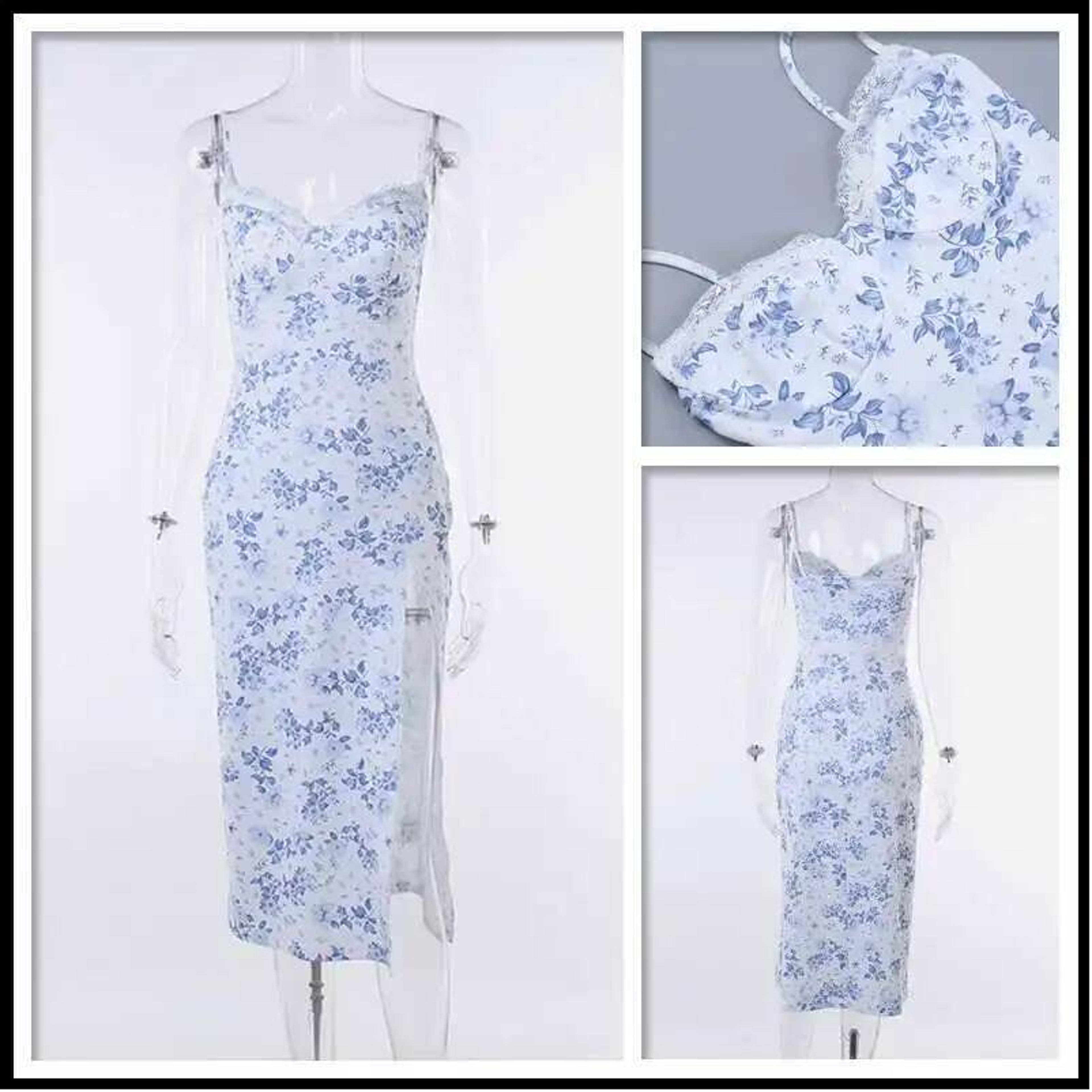 Printed Midi Dress For Women Spaghetti Strap Bodycon Party Dress With High Slit 7