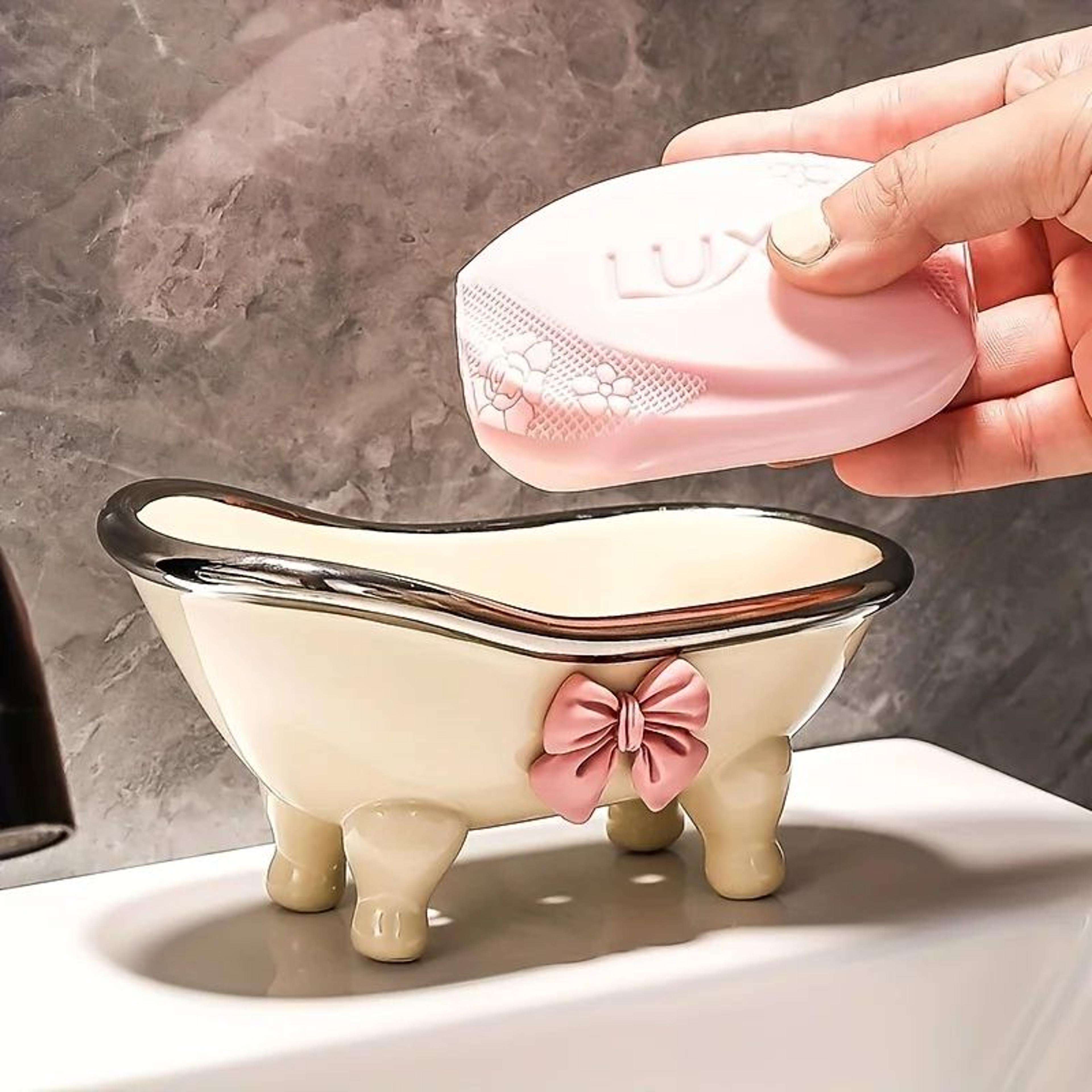 Cute Soap Dish Mini Bathtub Soap Holder With Pink Bow For Stylish Bathroom Decor 2