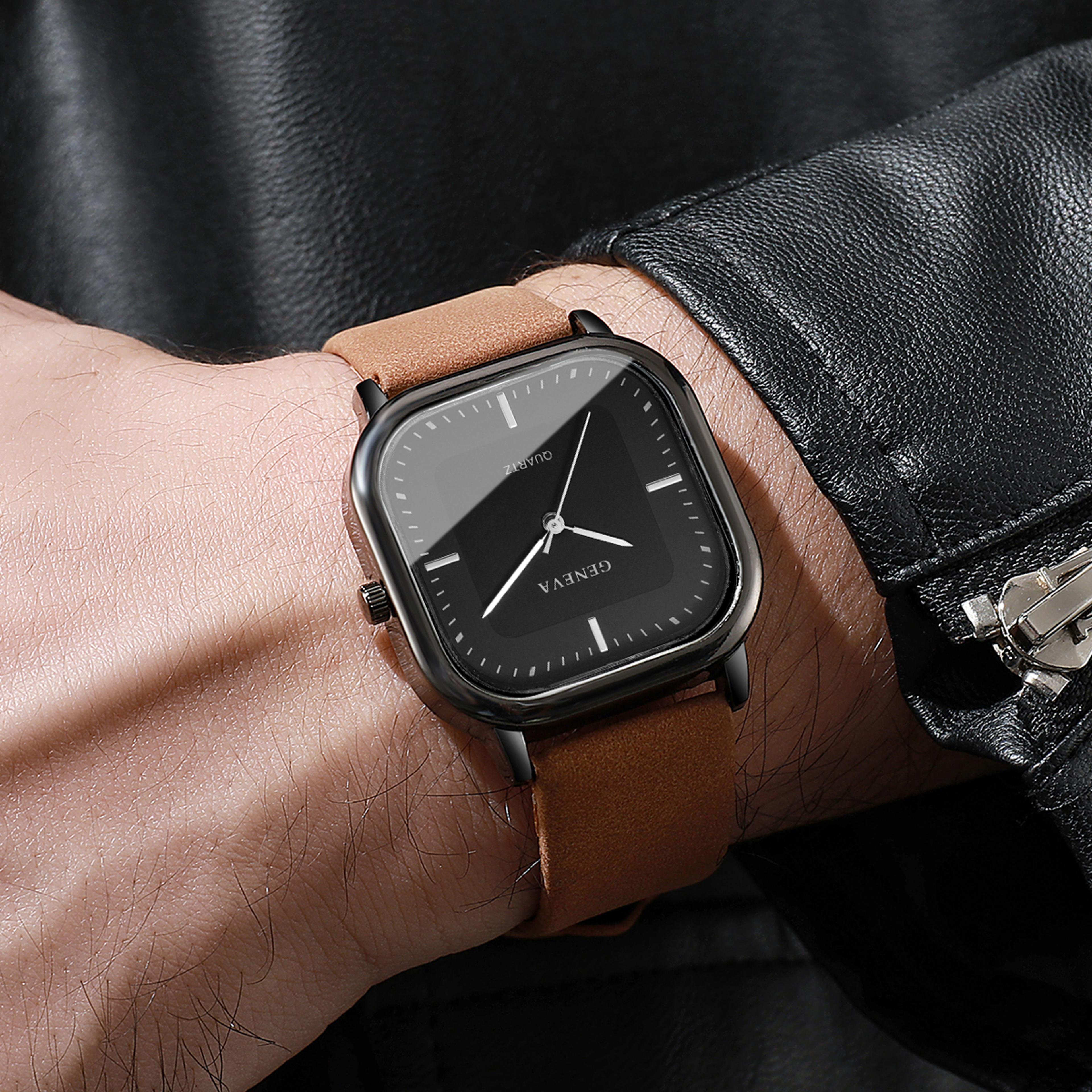 Minimalist Mens Quartz Wristwatch With Leather Strap  Square Dial 2