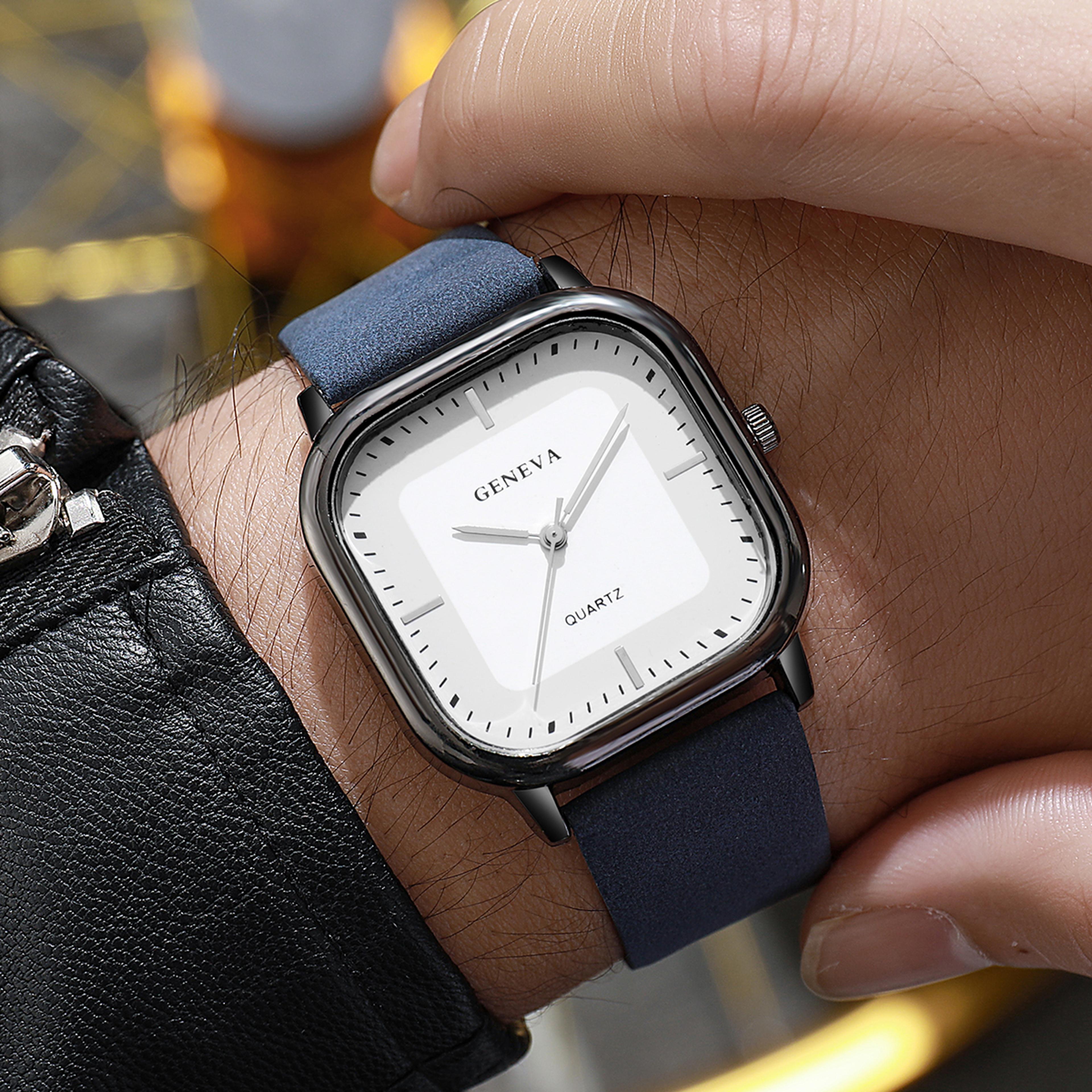 Minimalist Mens Quartz Wristwatch With Leather Strap  Square Dial 3