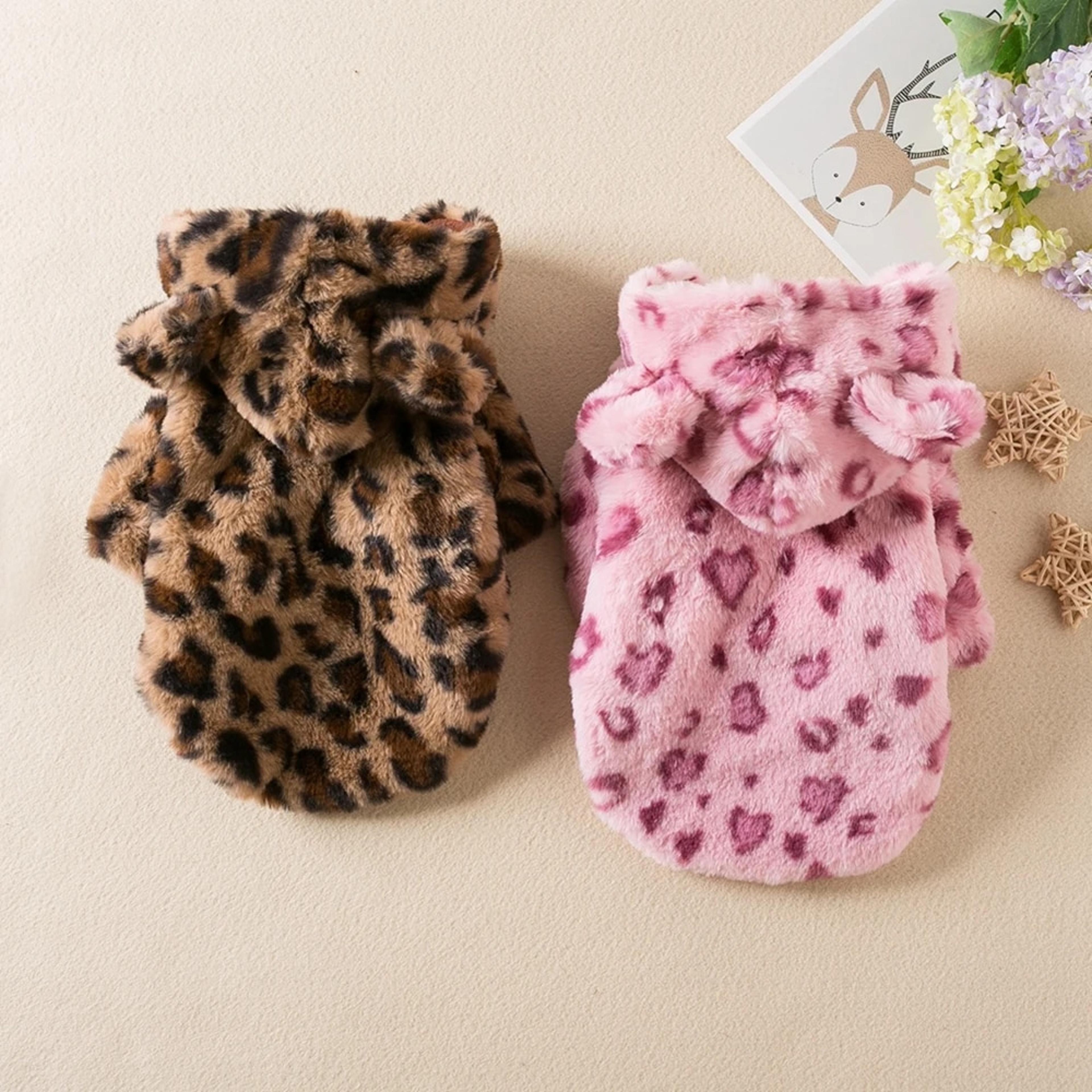 winter leopard print dog hoodie: warm fleece coat for french bulldogs