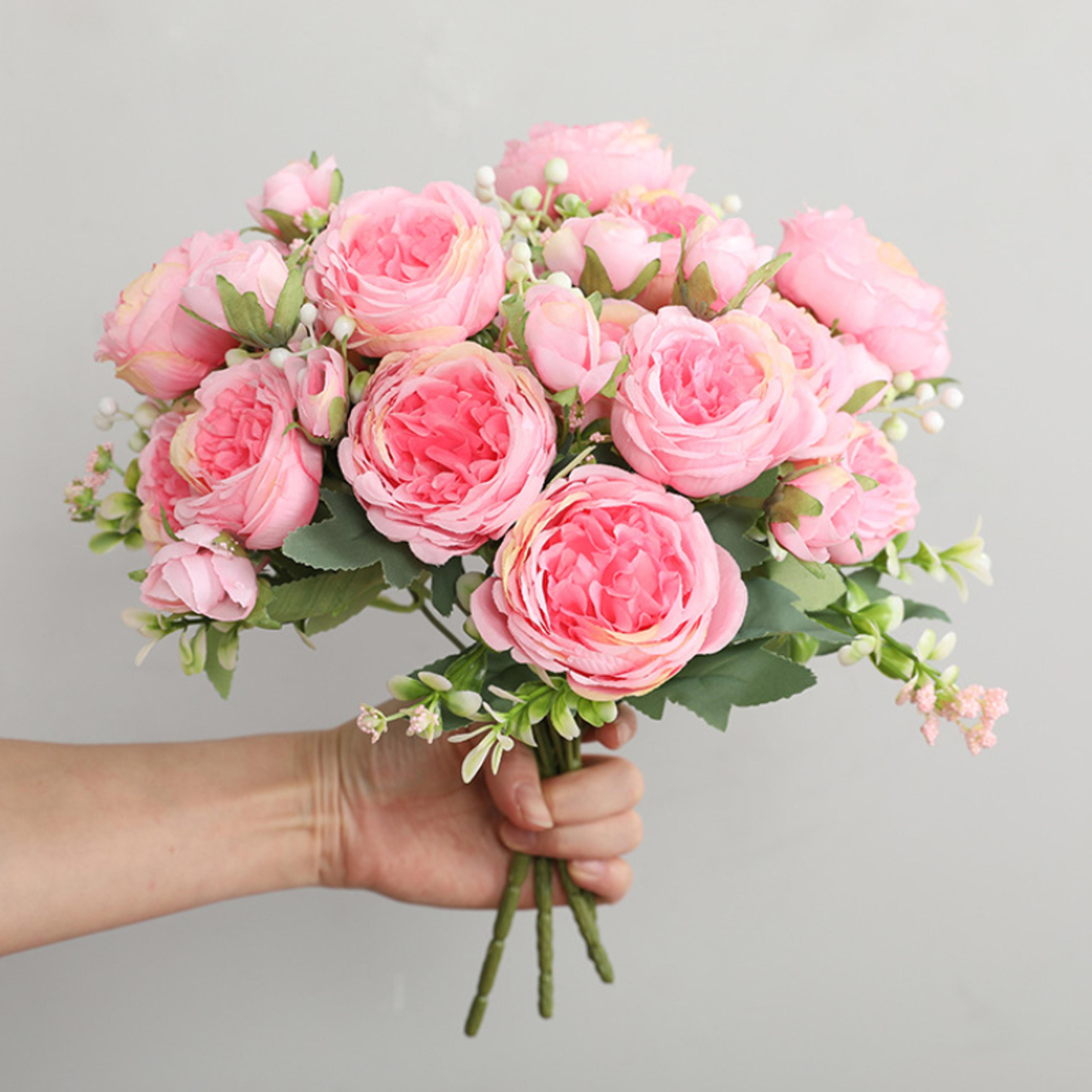 Rose Pink Silk Bouquet Peony Artificial Flower 5 Big Heads  4 Small Buds Bride Wedding Home Decorat 1