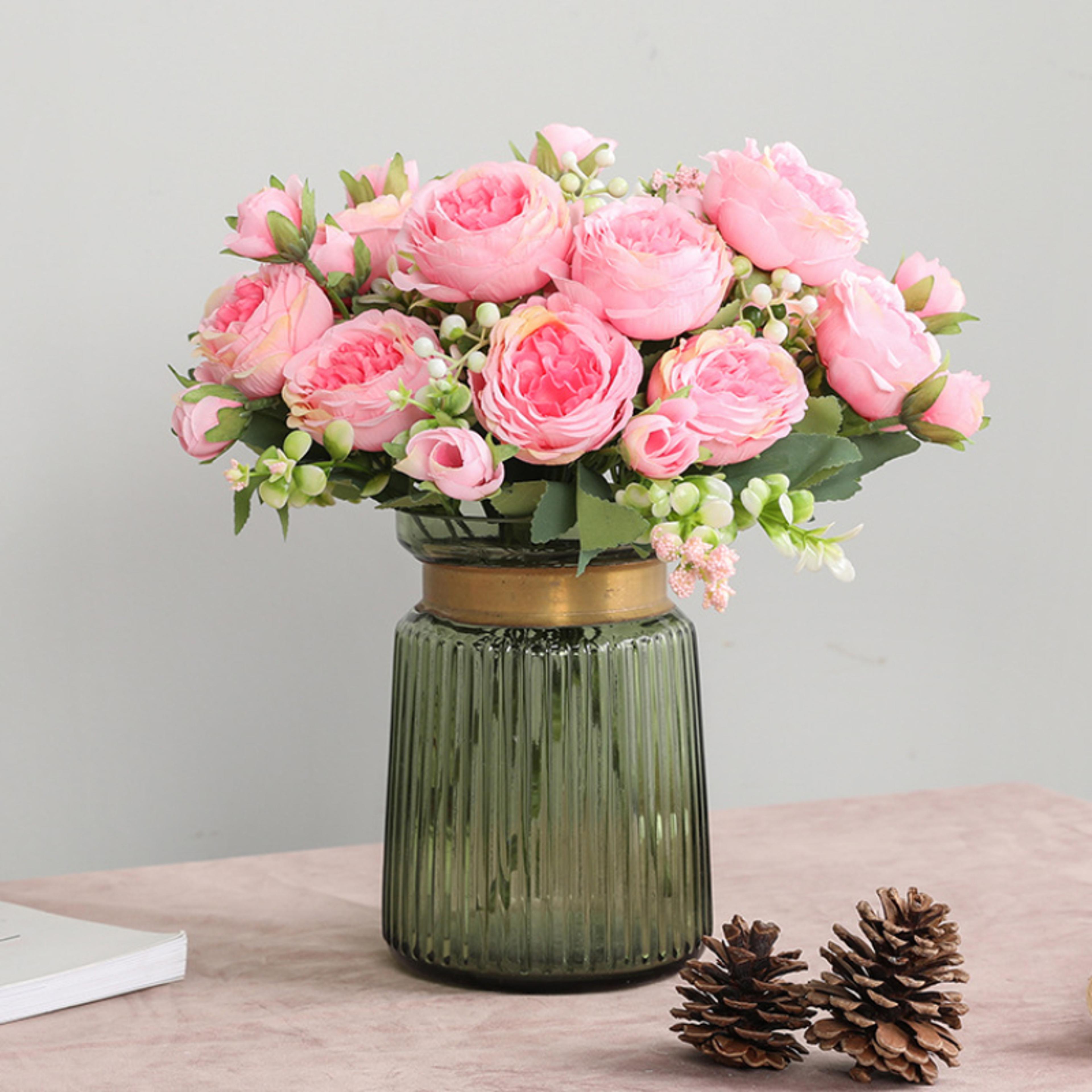rose pink silk bouquet peony artificial flower, 5 big heads & 4 small buds, bride wedding home decoration