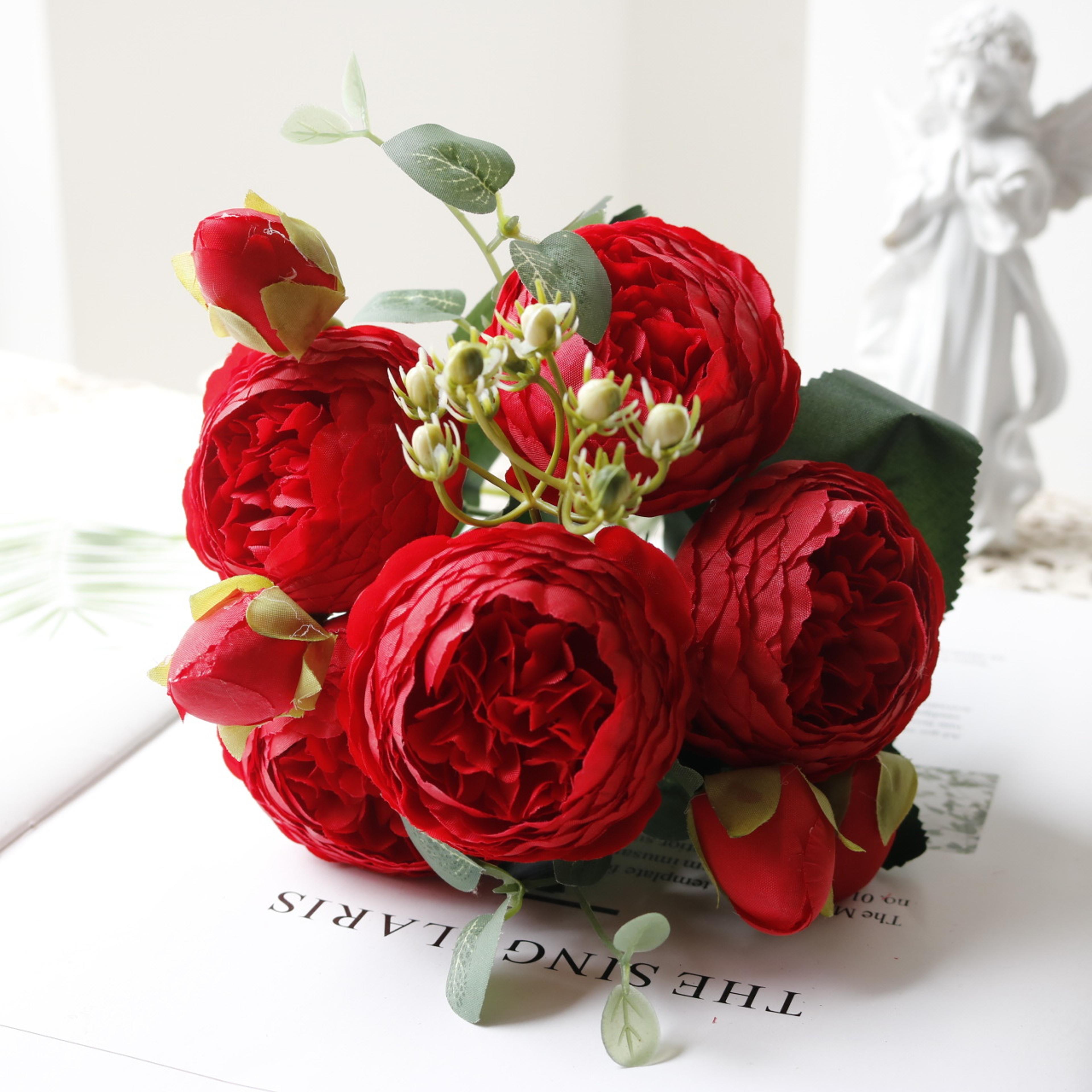 Rose Pink Silk Bouquet Peony Artificial Flower 5 Big Heads  4 Small Buds Bride Wedding Home Decorat 8
