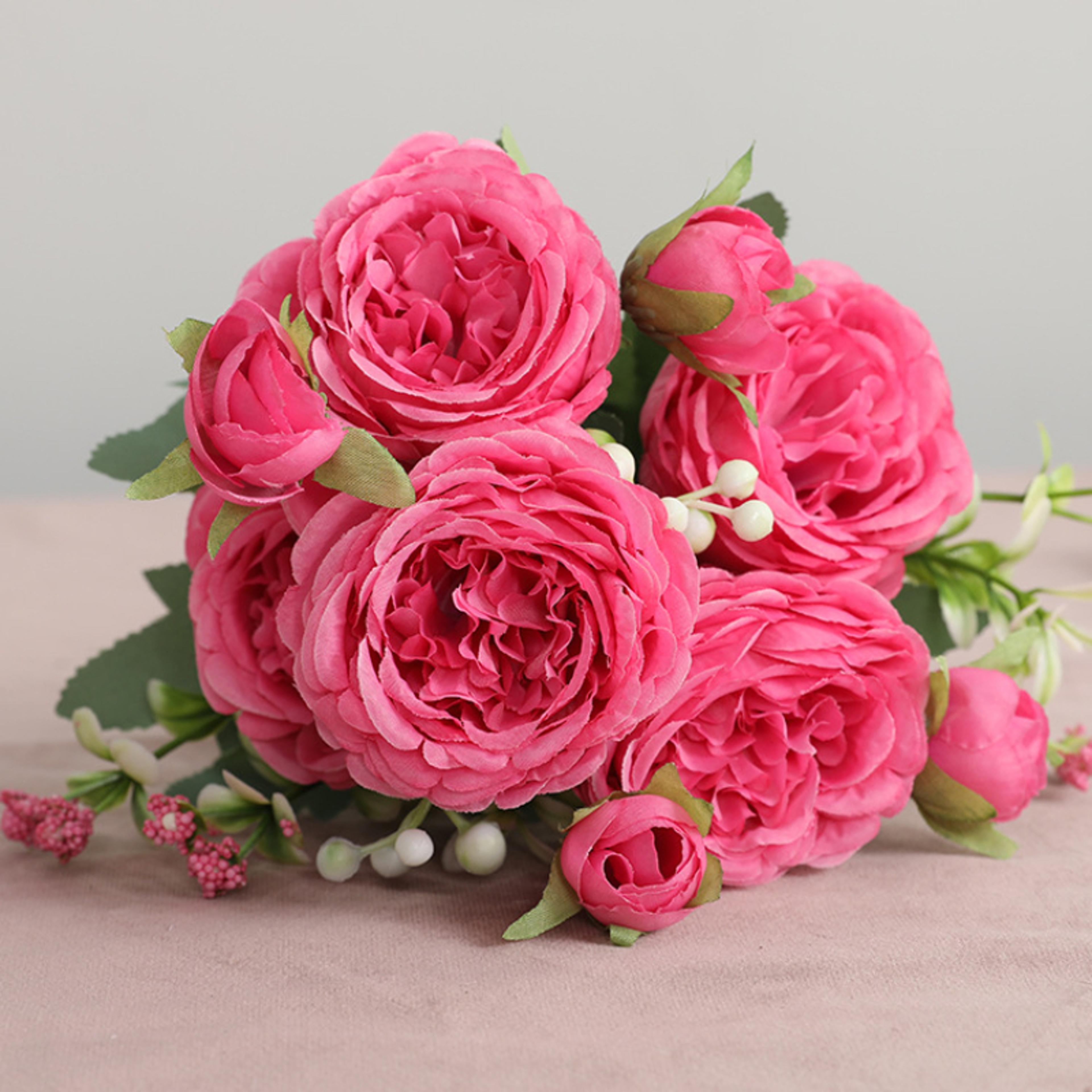 Rose Pink Silk Bouquet Peony Artificial Flower 5 Big Heads  4 Small Buds Bride Wedding Home Decorat 5