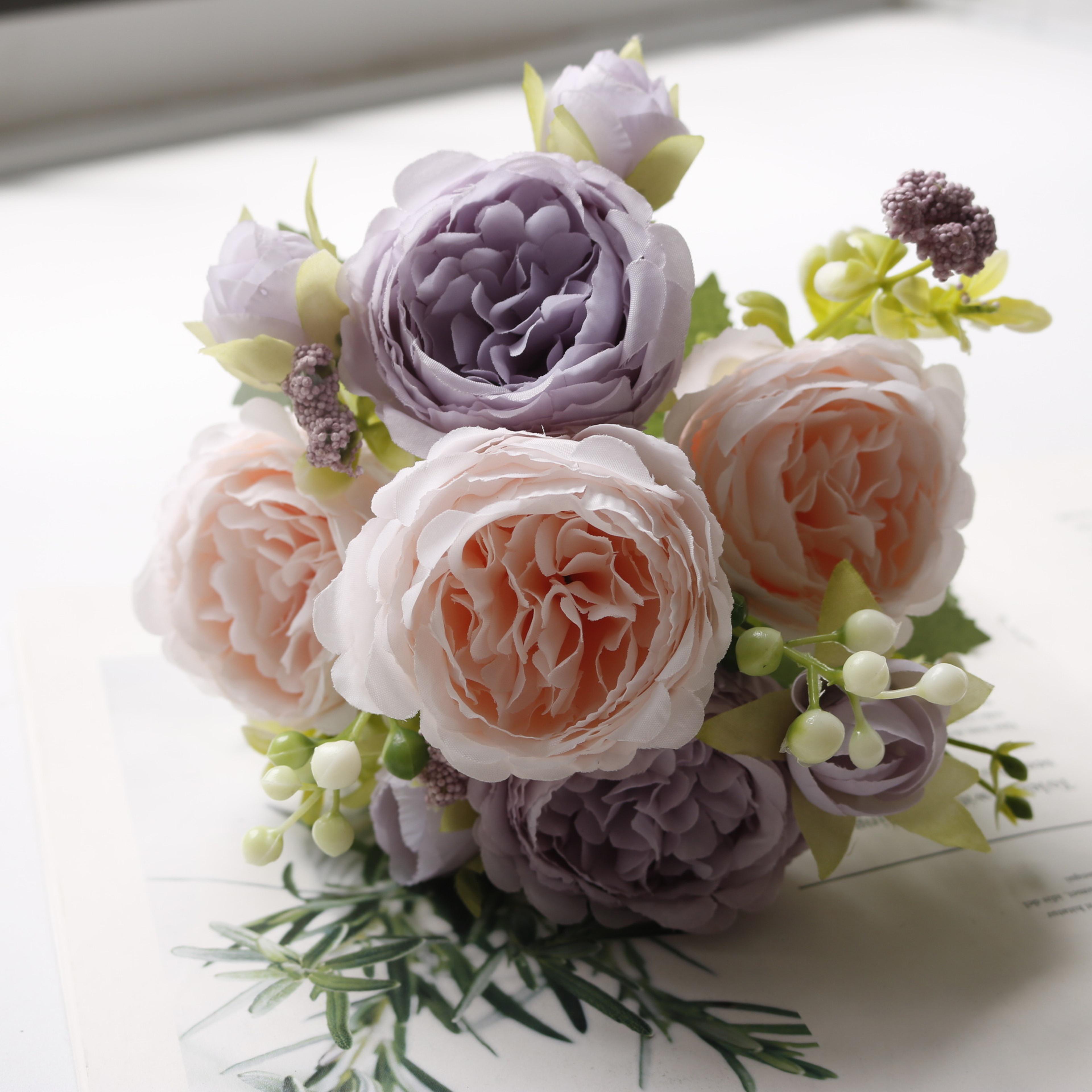 Rose Pink Silk Bouquet Peony Artificial Flower 5 Big Heads  4 Small Buds Bride Wedding Home Decorat 11