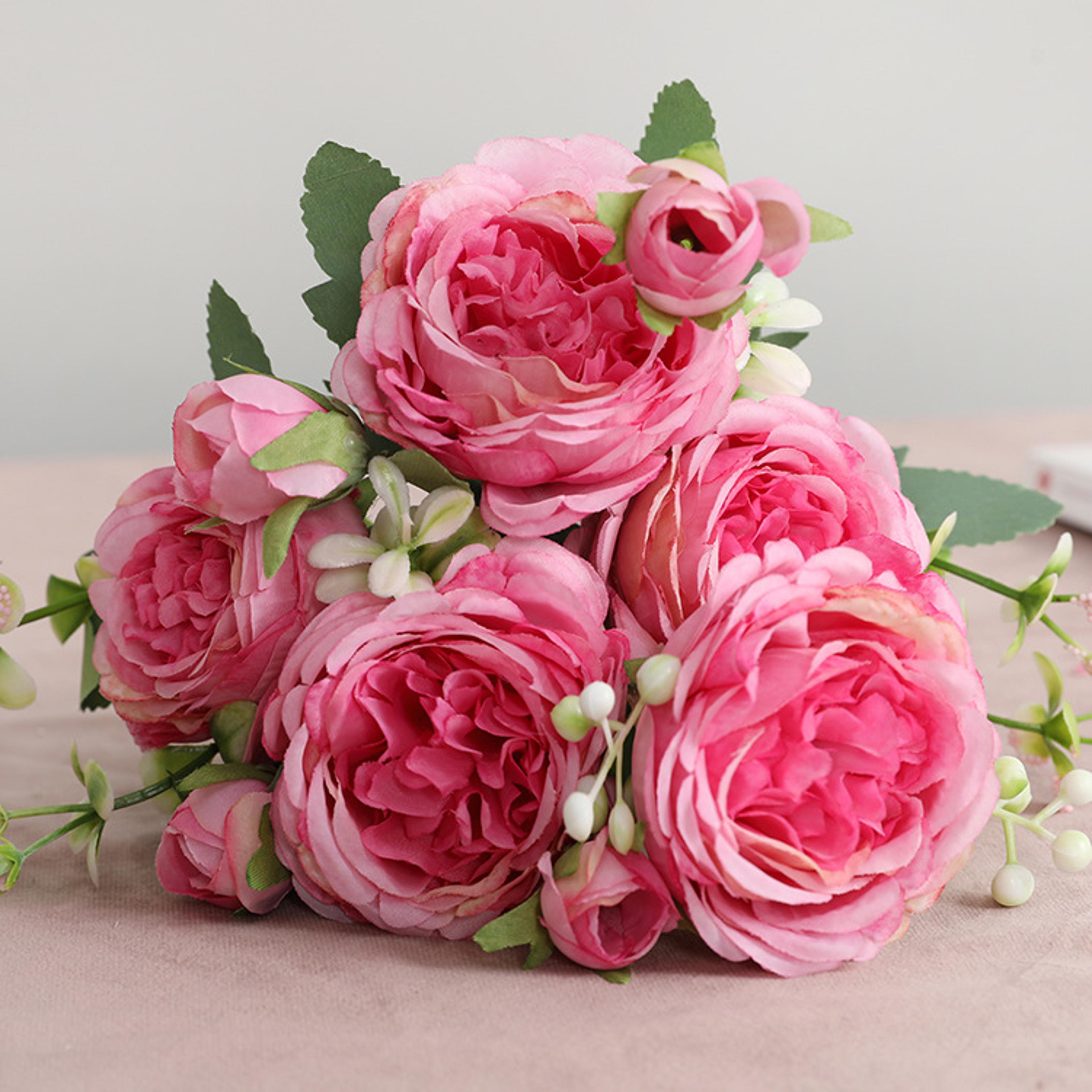 Rose Pink Silk Bouquet Peony Artificial Flower 5 Big Heads  4 Small Buds Bride Wedding Home Decorat 17