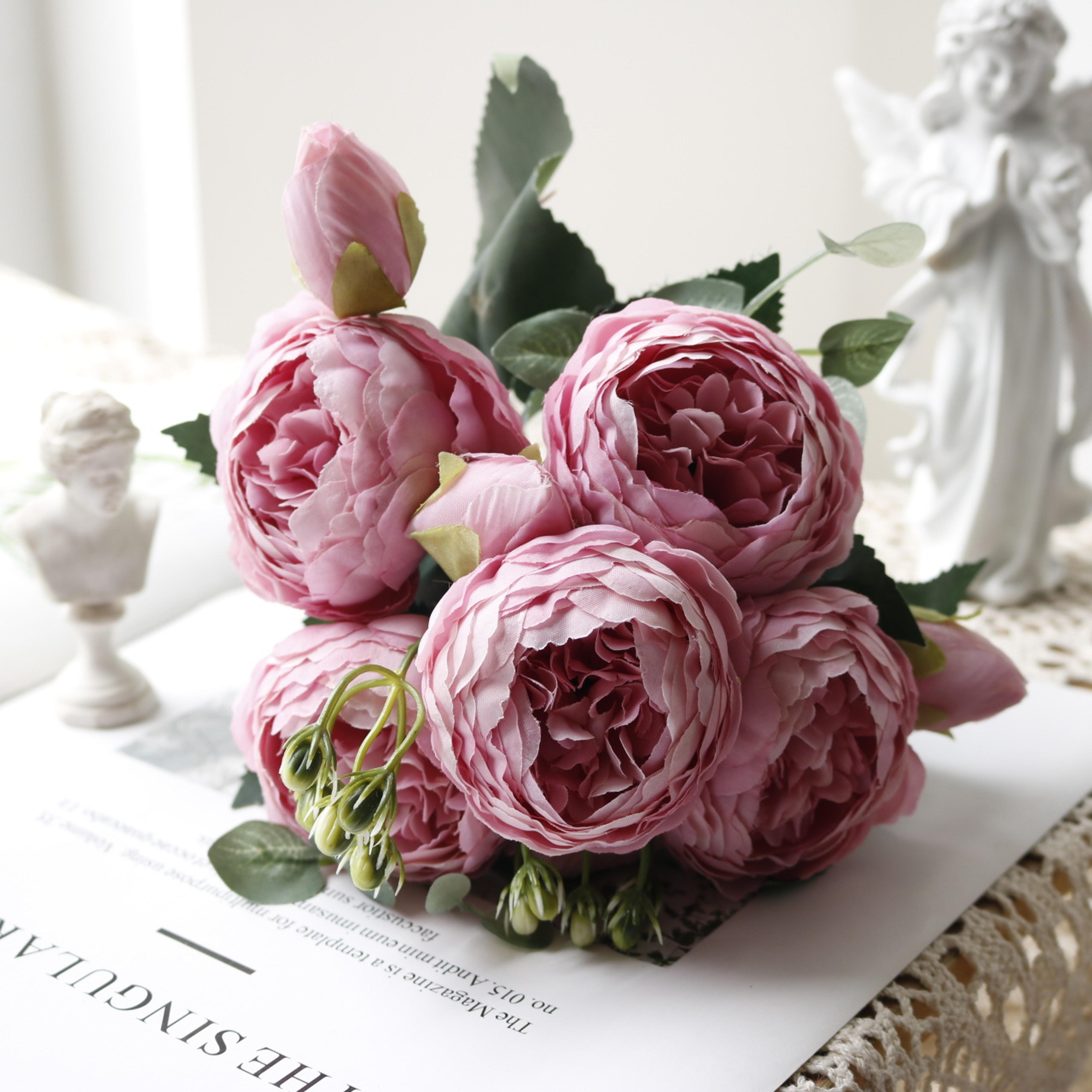 Rose Pink Silk Bouquet Peony Artificial Flower 5 Big Heads  4 Small Buds Bride Wedding Home Decorat 22