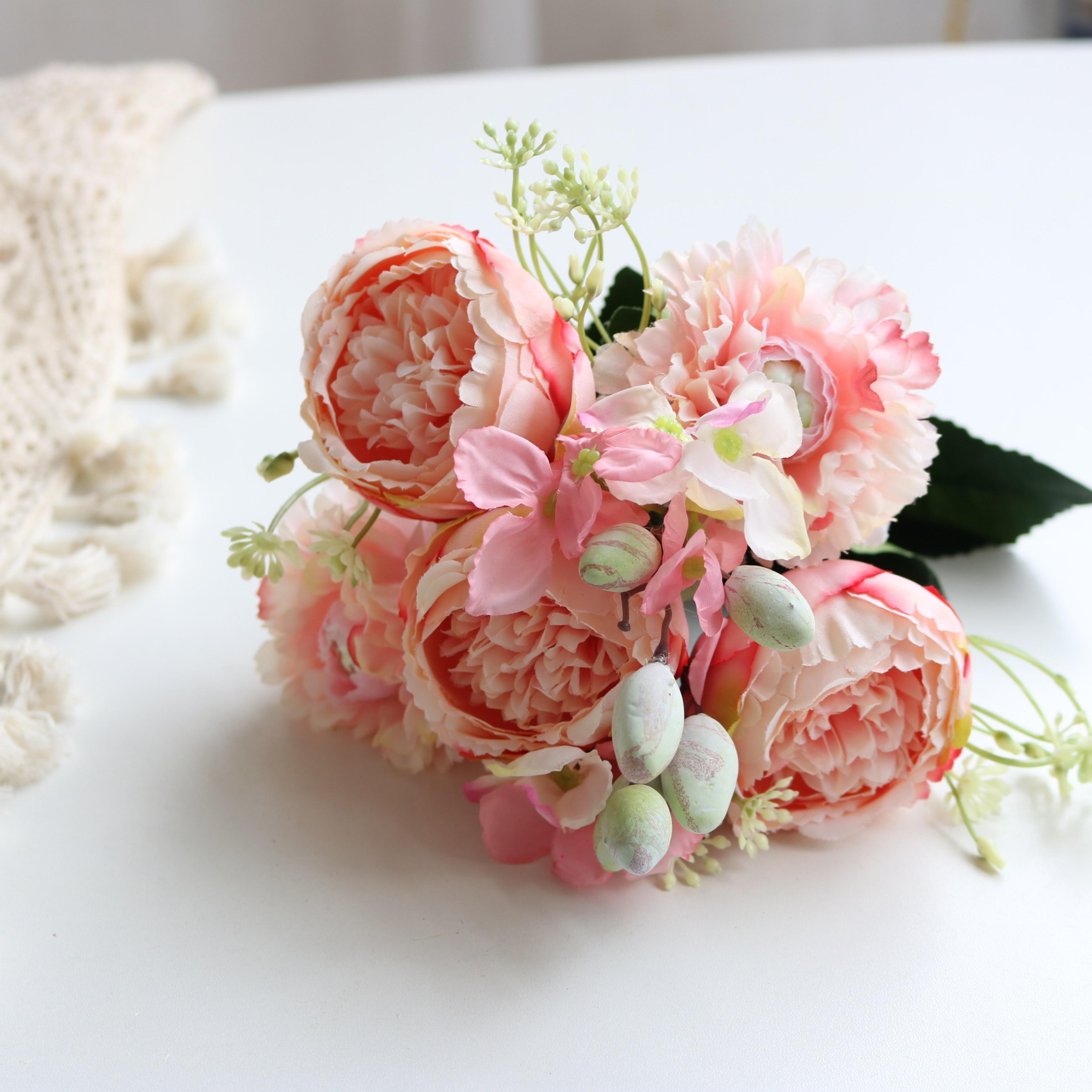 Rose Pink Silk Bouquet Peony Artificial Flower 5 Big Heads  4 Small Buds Bride Wedding Home Decorat 34
