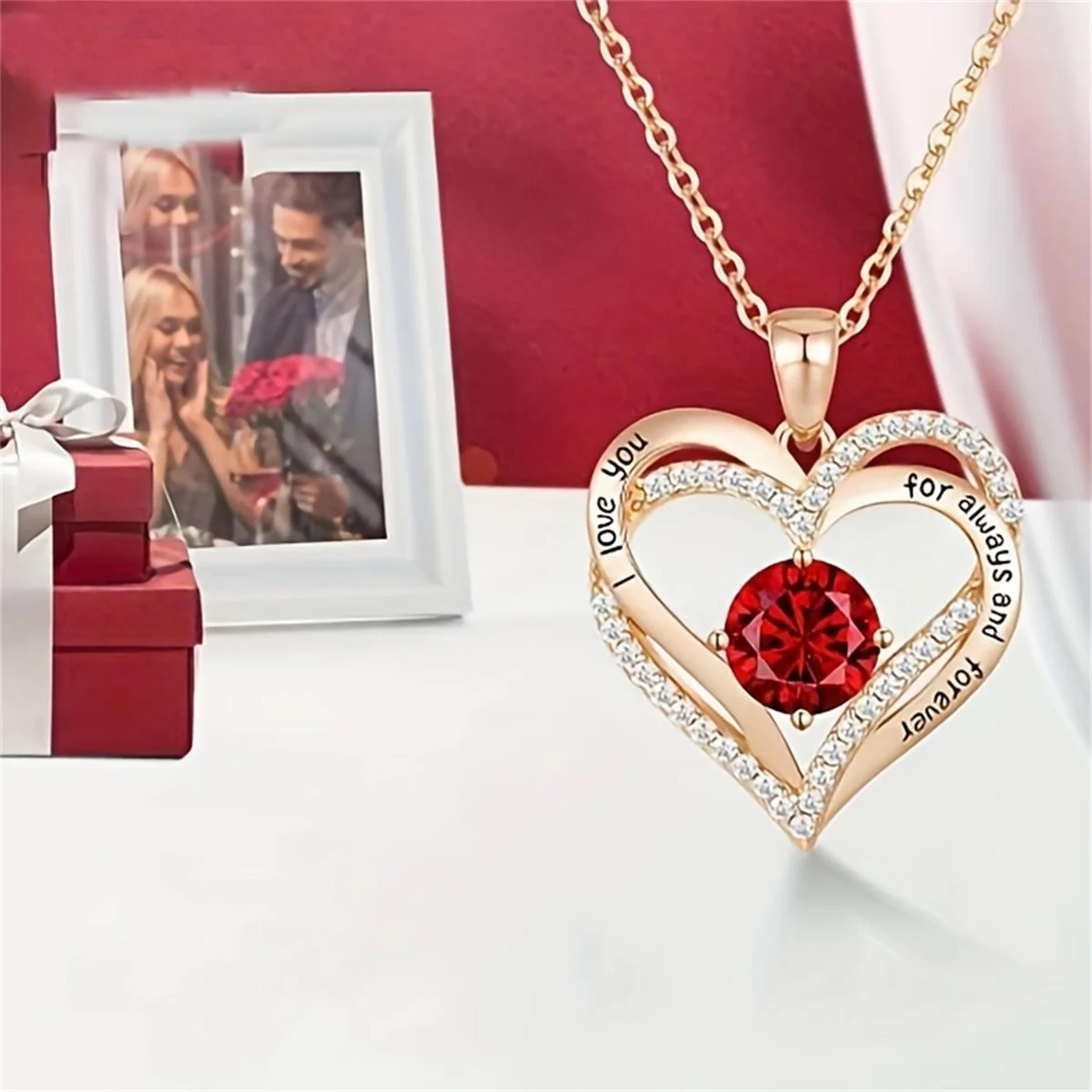 luxury red zircon pendant necklace with rose flower gift box, i love you gifts for girlfriend women, trendy wedding