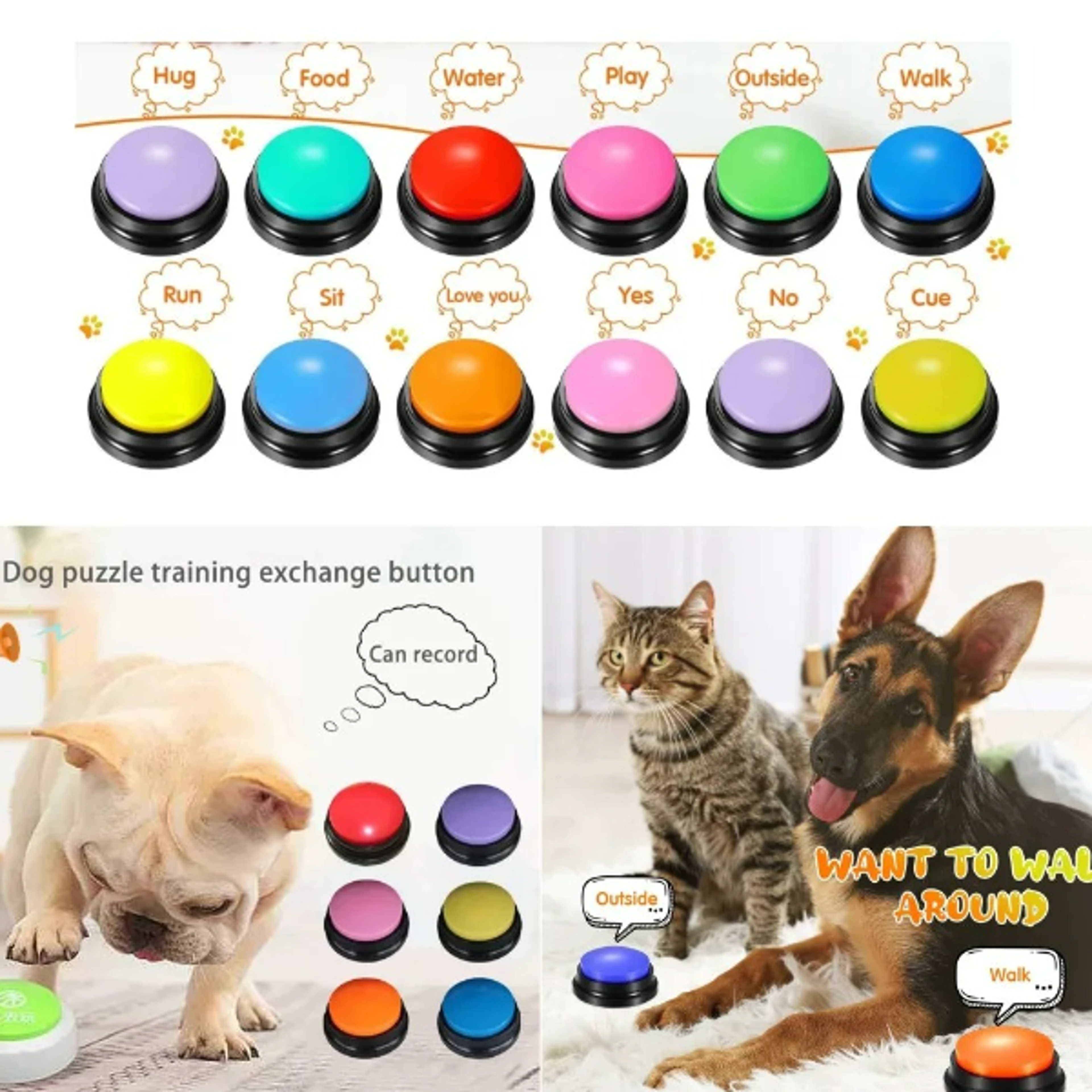 Recordable Dog Communication Buttons 30s Talking Pet Training Buzzer Set