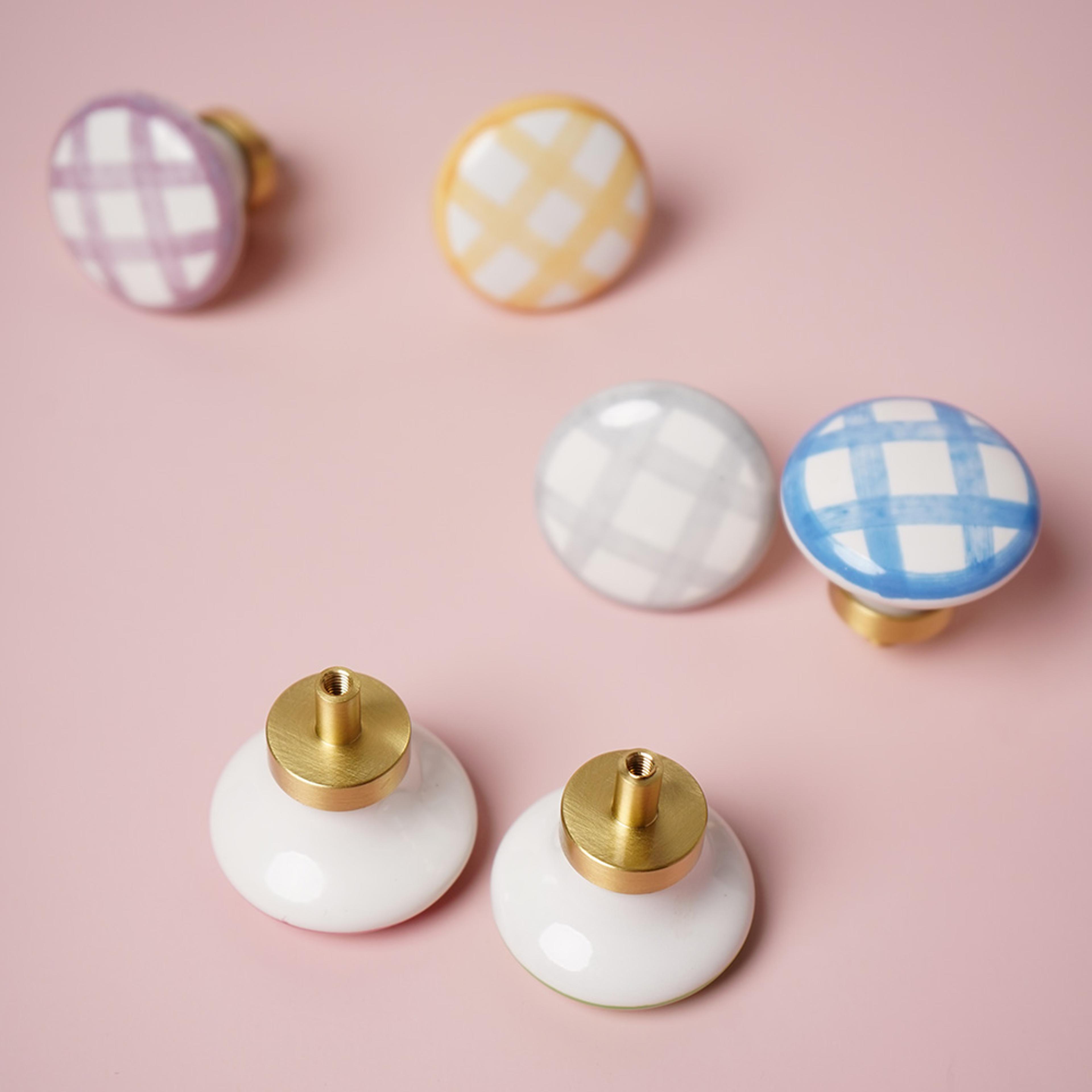 Vintage Checkered Ceramic Cabinet Pulls With Brass Finish 2