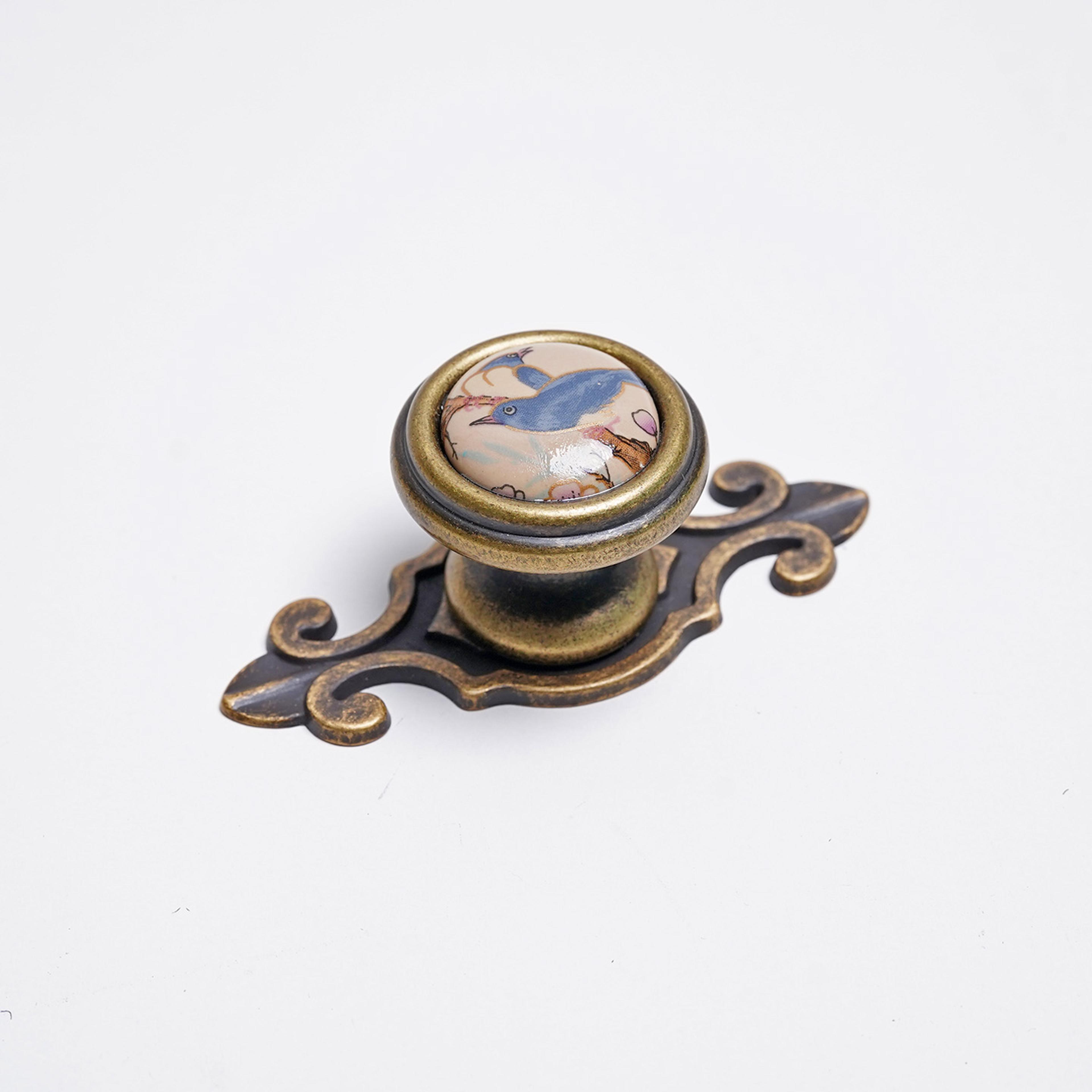 Vintage Ceramic Cabinet Knobs Bird Floral Drawer Pulls Set 2