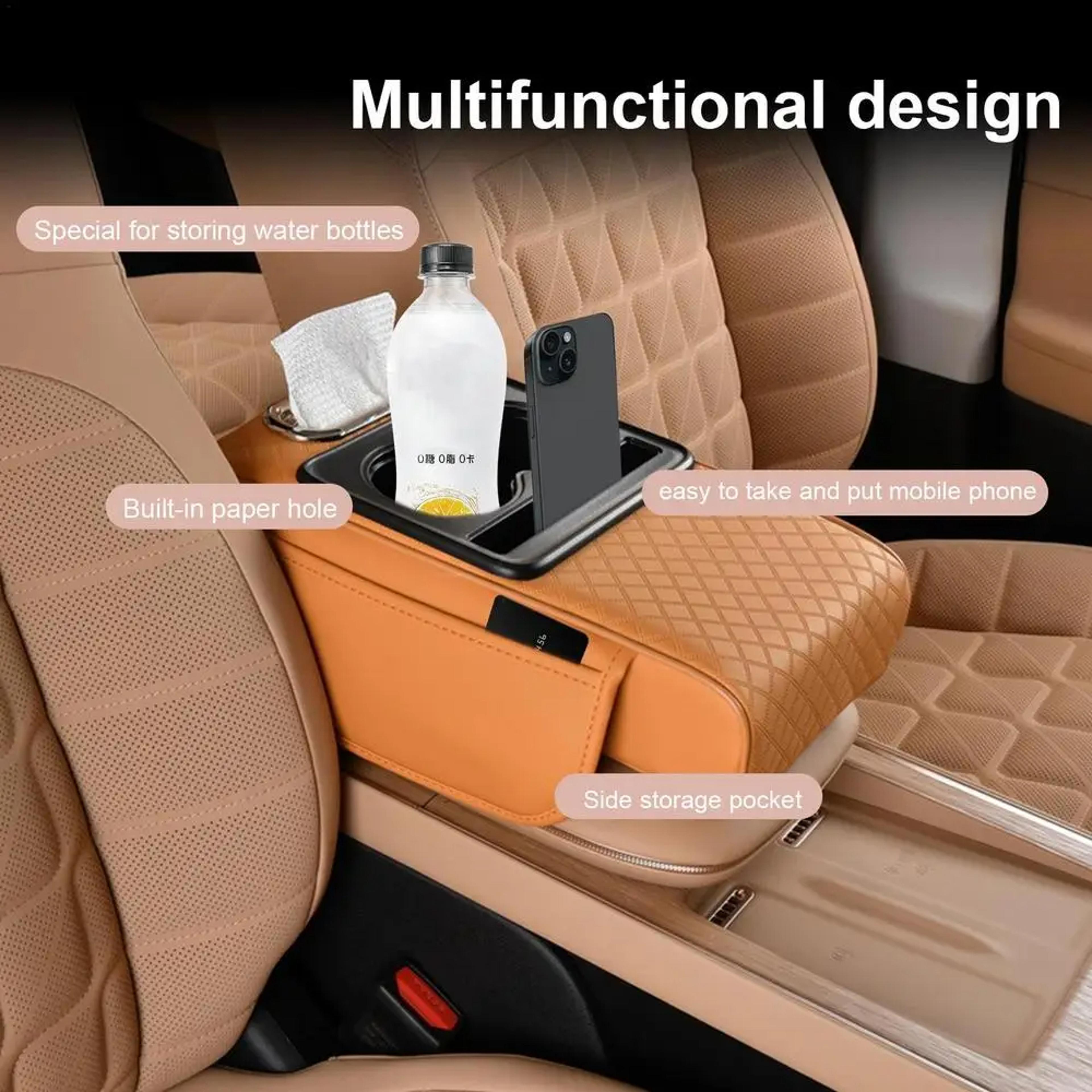Car Armrest Cushion With Storage And Cup Holders Center Console Organizer 4