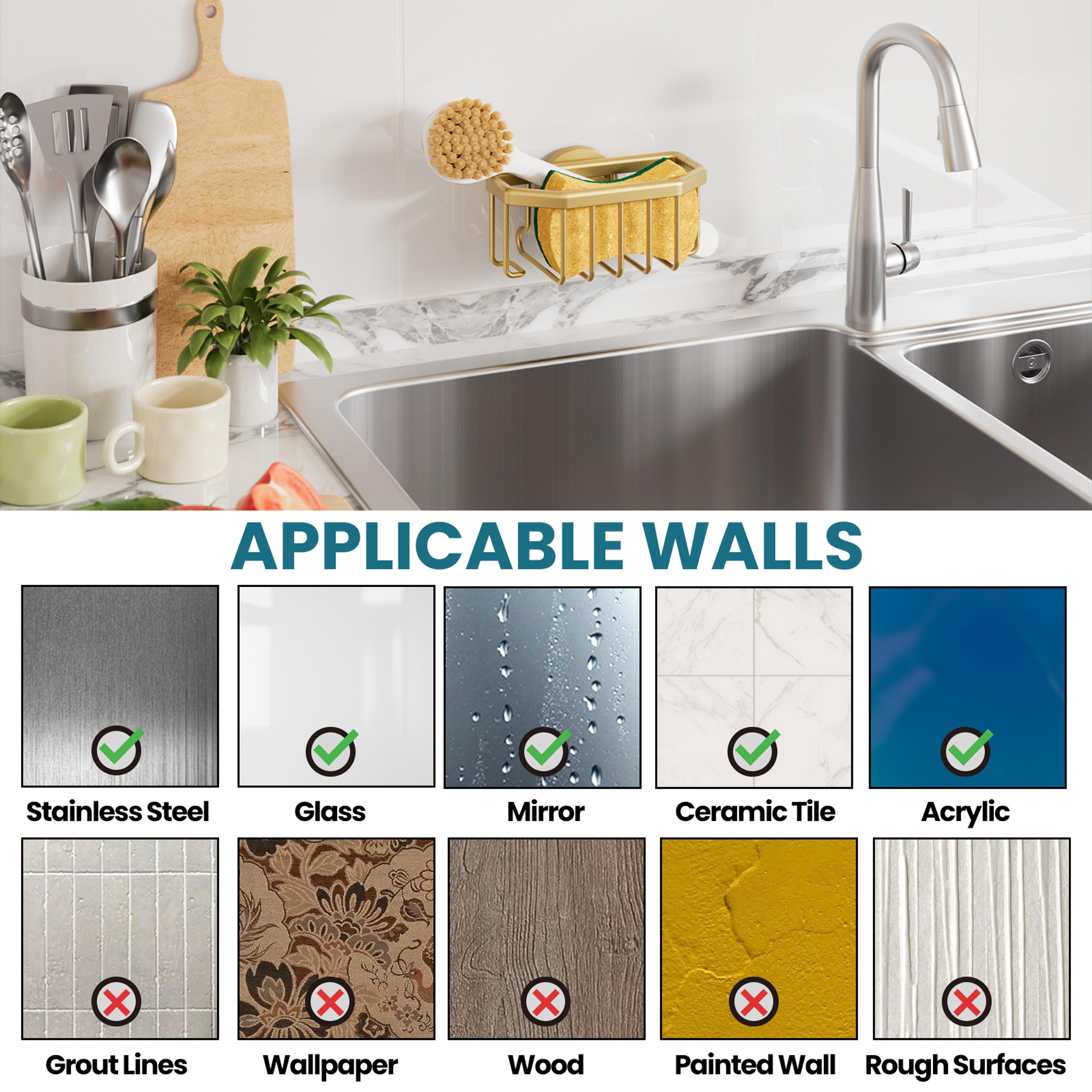 Rustproof Aluminum Sponge Holder For Kitchen Sink With Removable Suction Cup  Brush Storage 5