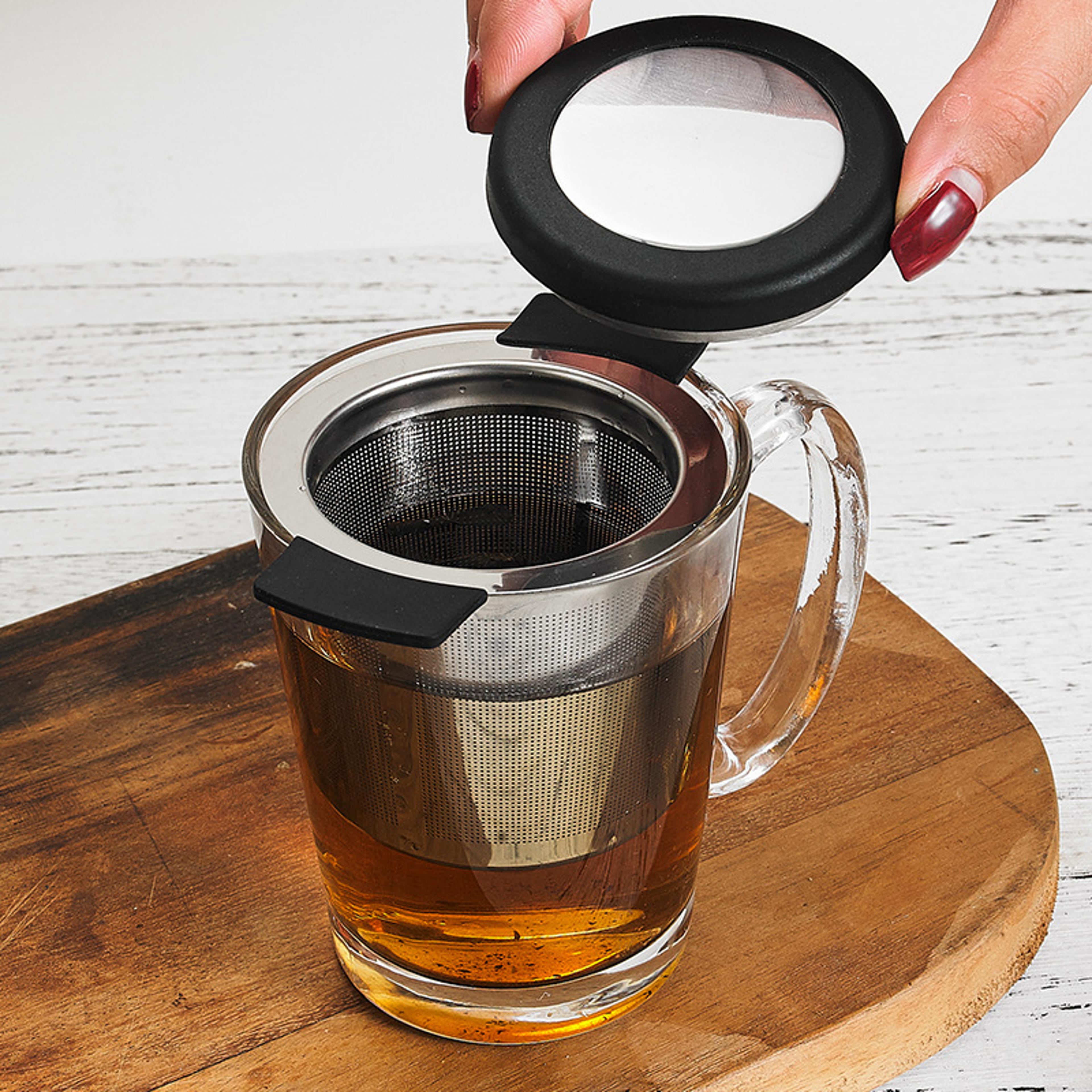 Premium Double Handle Stainless Steel Loose Leaf Tea Infuser With Silicone Lid  Partition 0