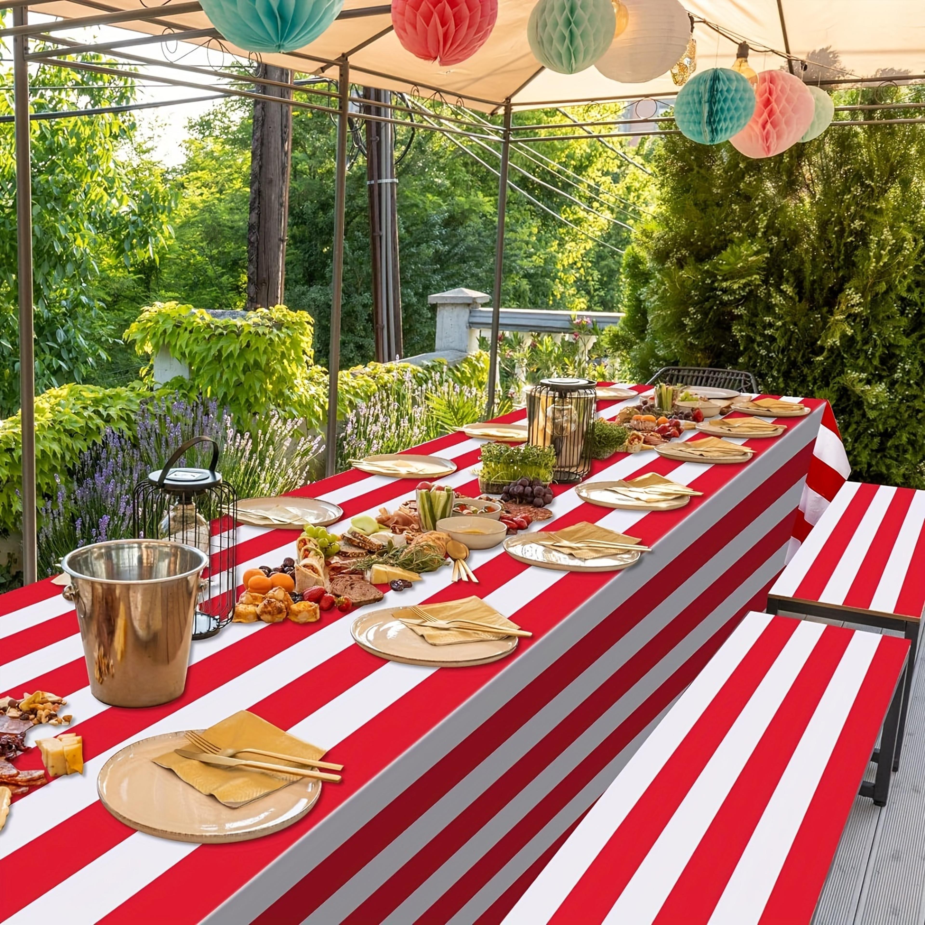 Red  White Striped Waterproof Tablecloth Durable Rectangular Table Cover 4