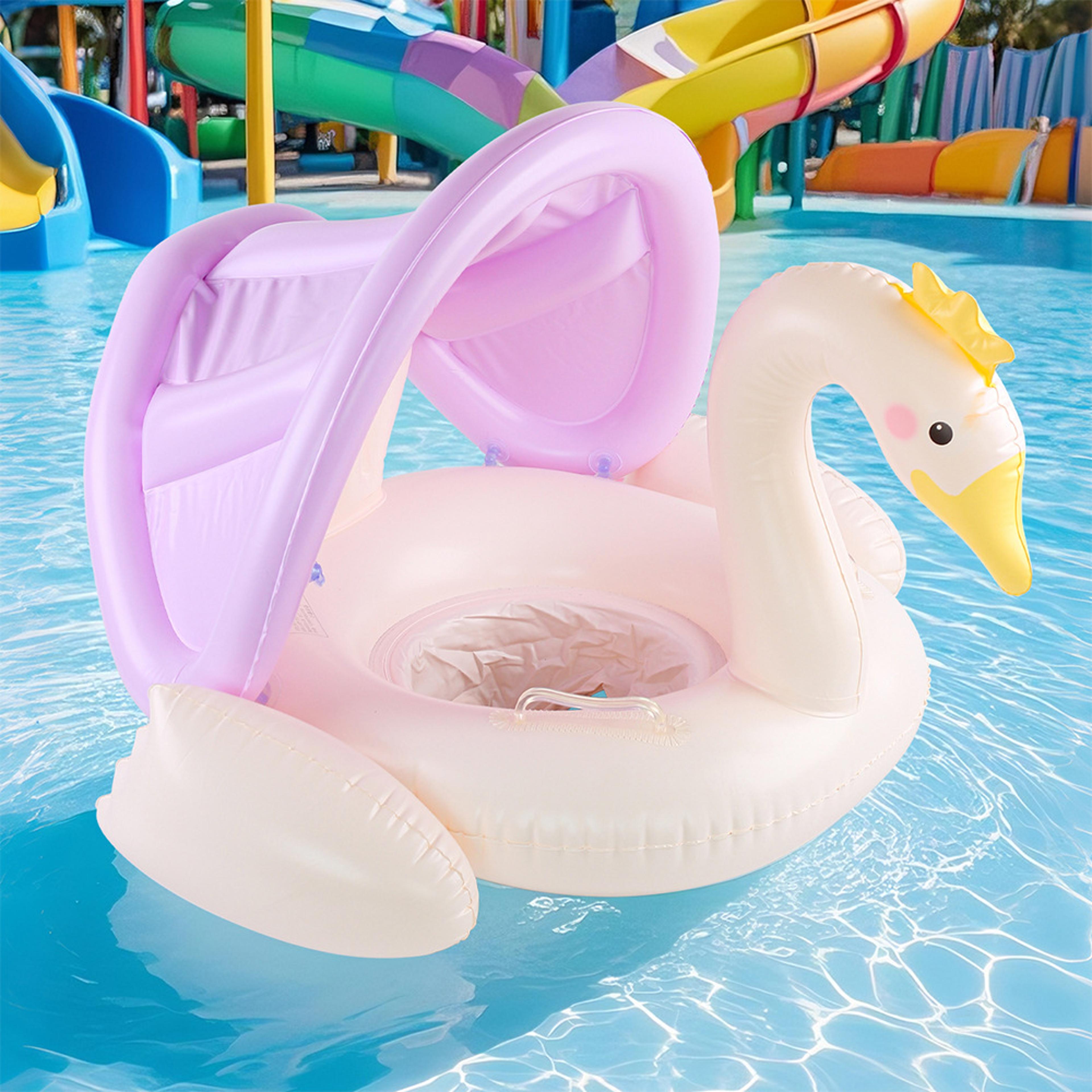 Swan Baby Pool Float With Canopy Inflatable Sunshade Swim Ring Seat 0