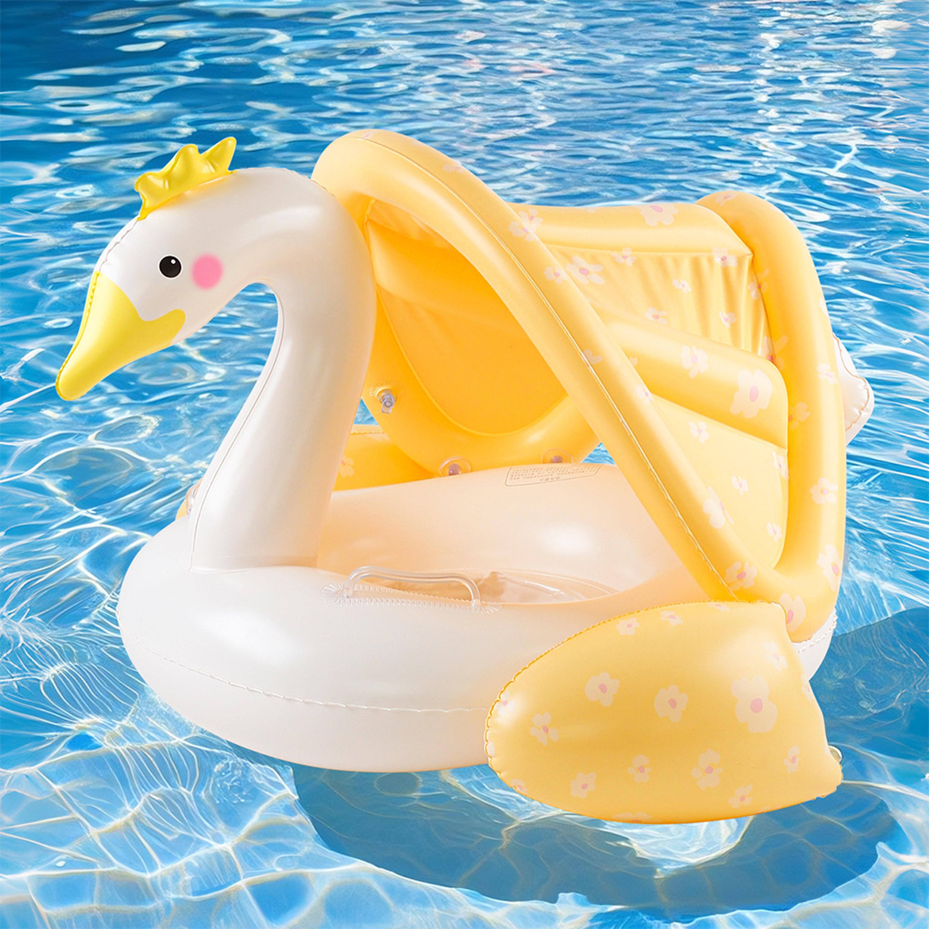 Swan Baby Pool Float With Canopy Inflatable Sunshade Swim Ring Seat 1