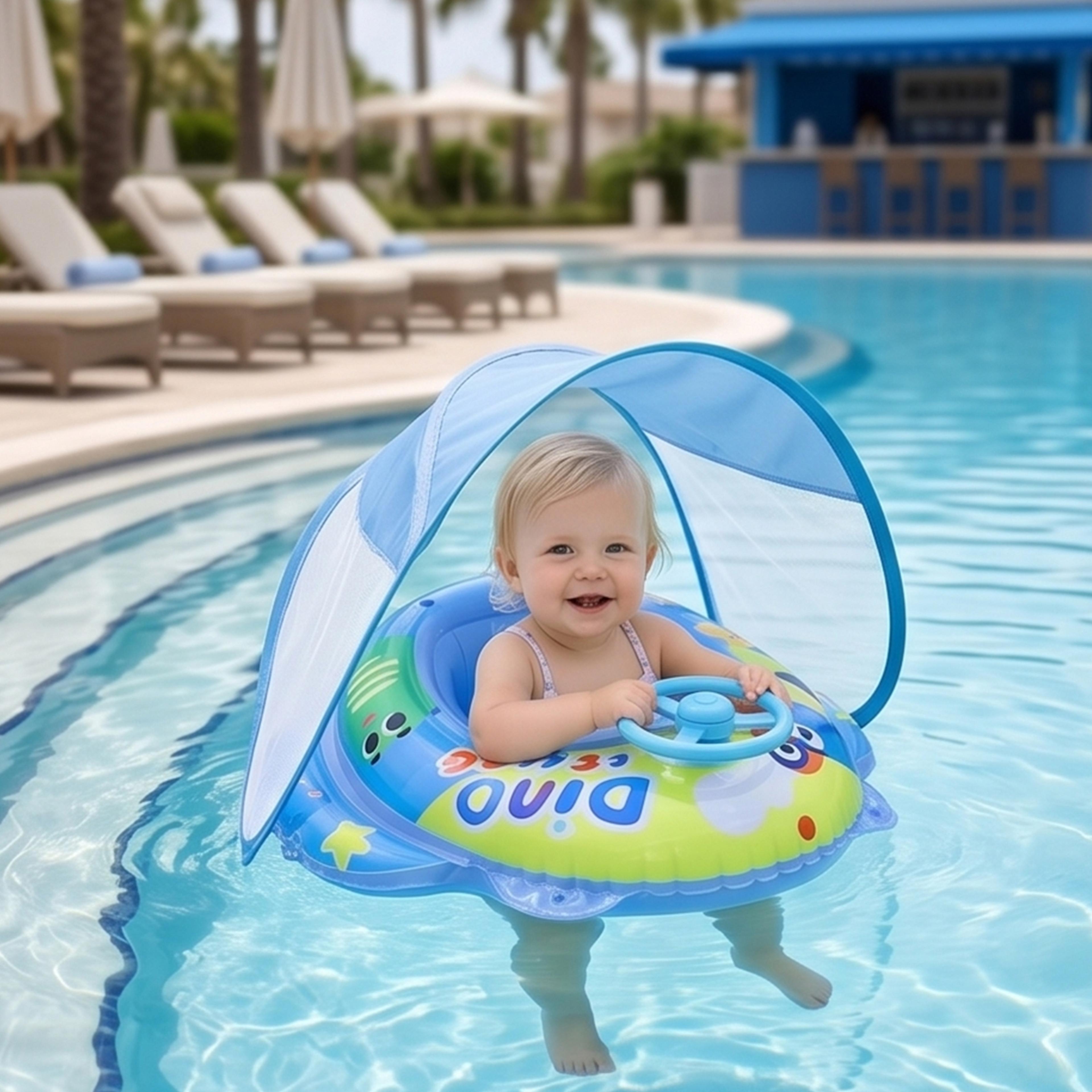 Inflatable Baby Pool Float With Canopy And Steering Wheel For Toddlers 0