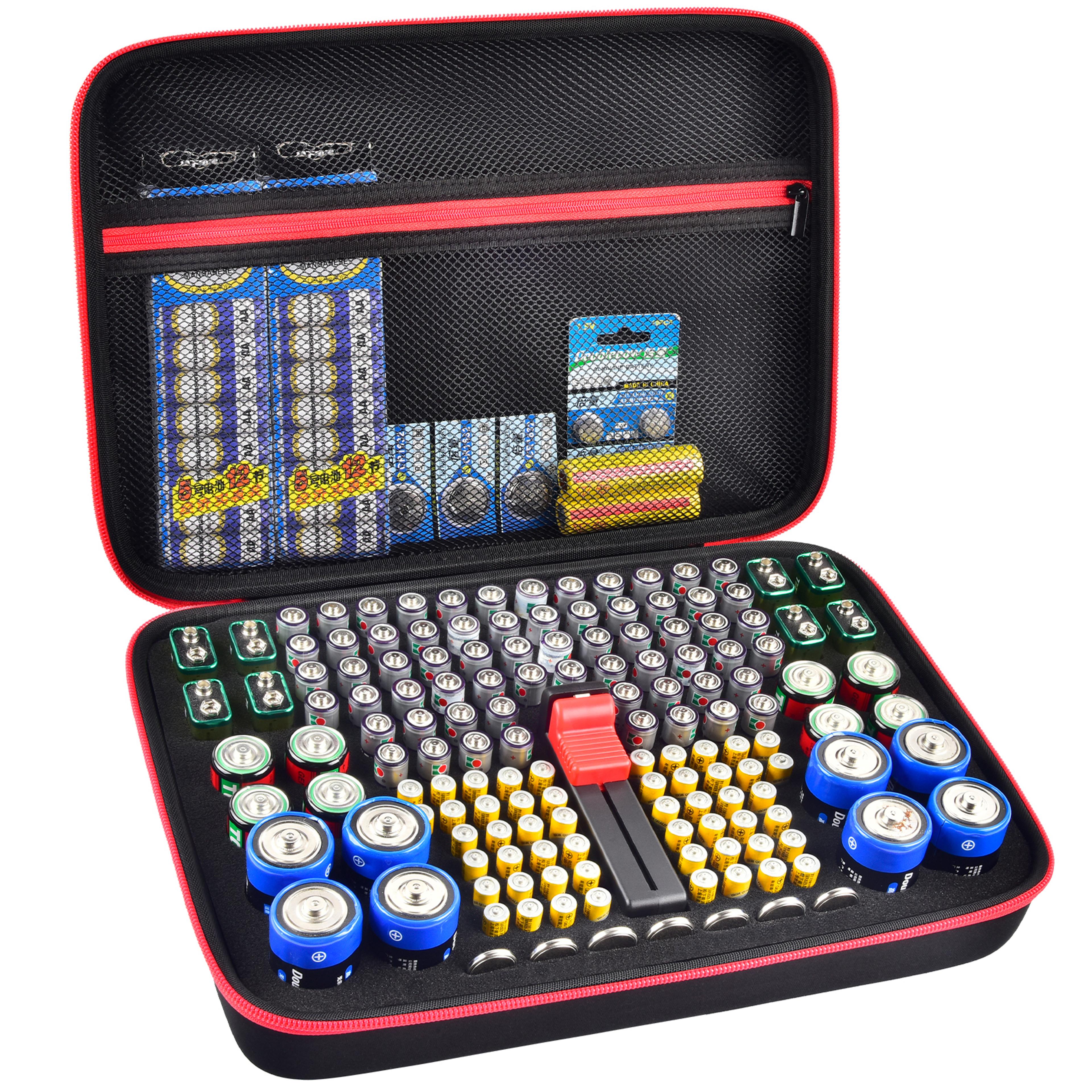 battery organizer case with tester, holds 140+ batteries, includes bt-168 checker, ideal for garage organizations