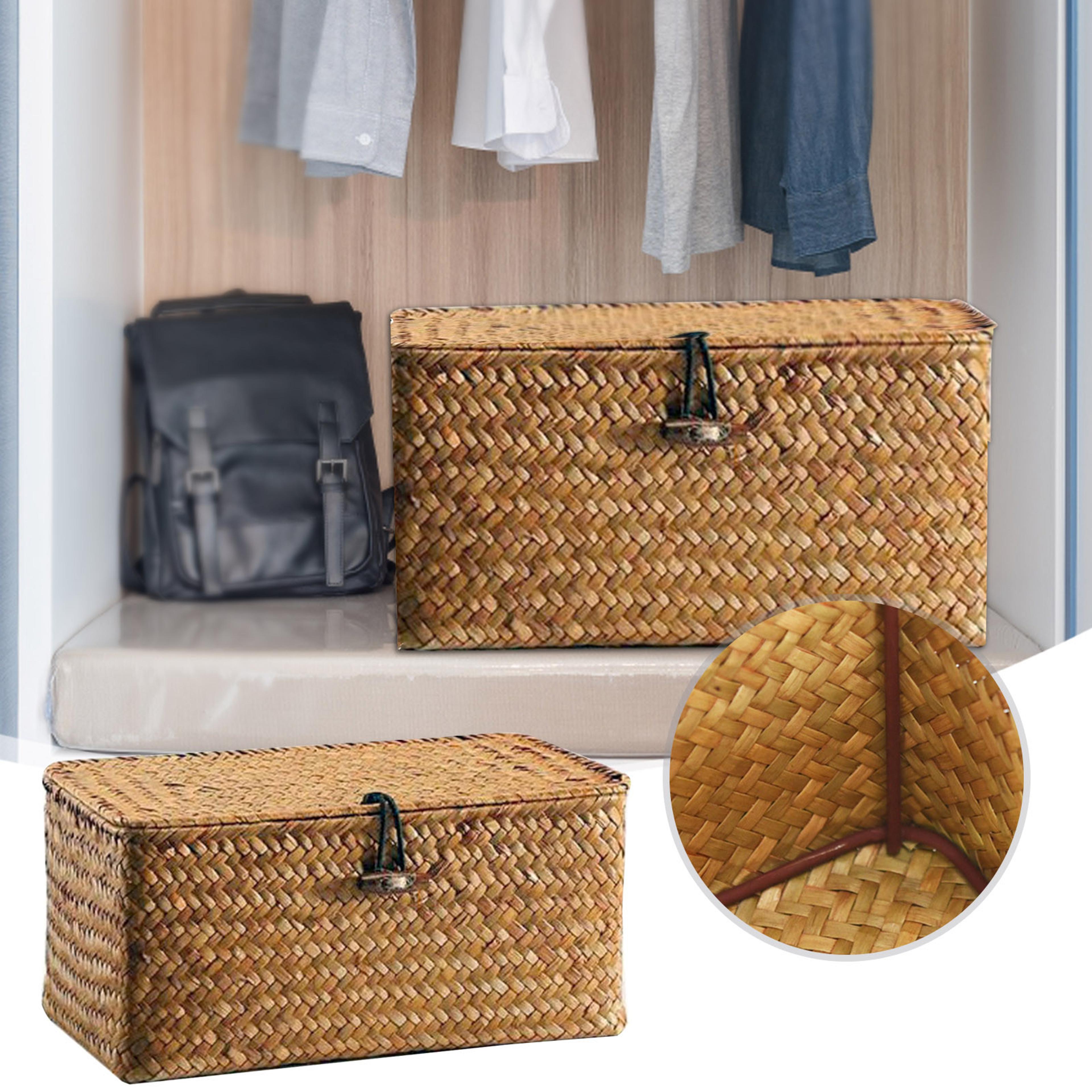 handmade wicker woven storage box with lid, rattan laundry basket for bath, towels & cosmetics stylish seagrass organ
