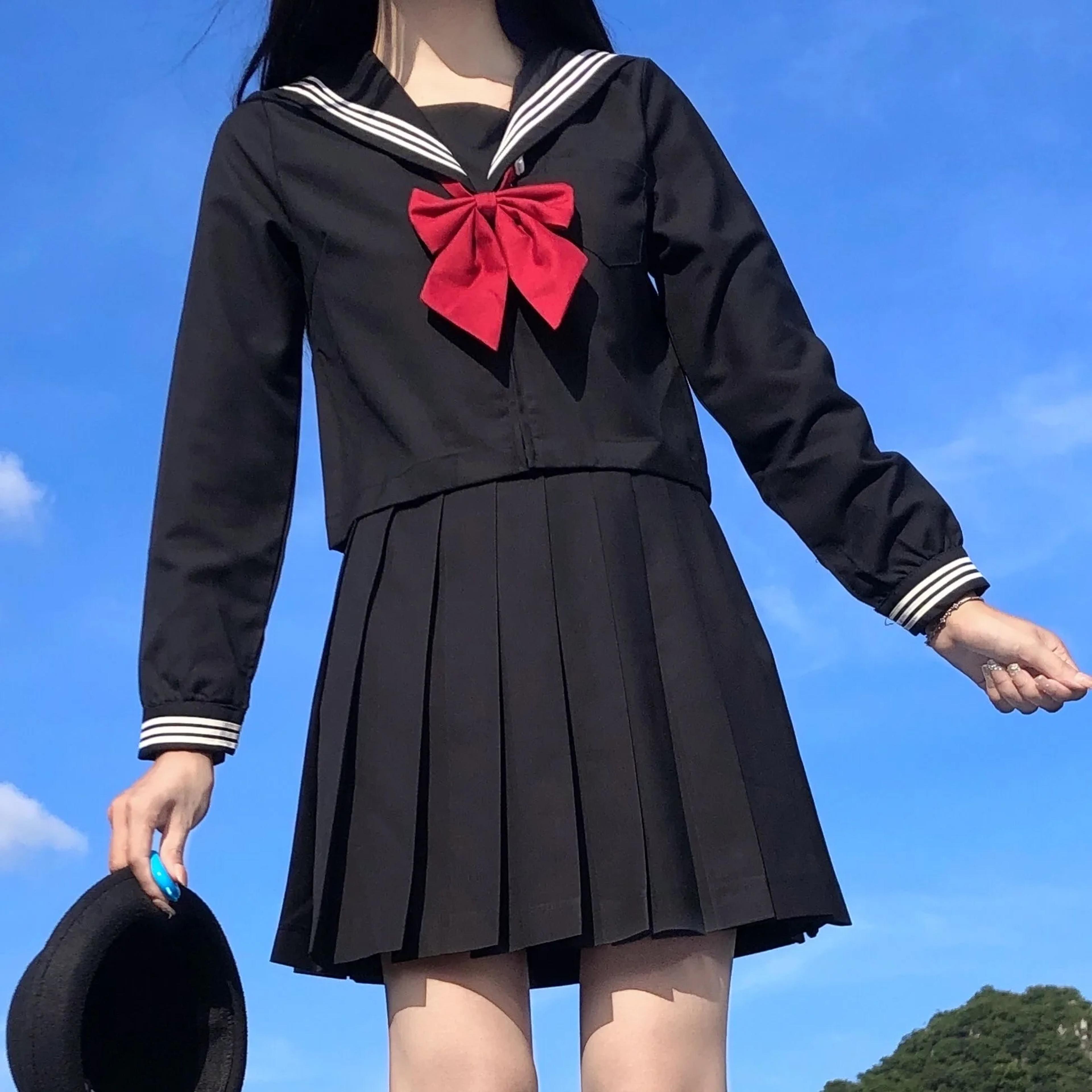 Japanese School Uniform For Women JK Sailor Suit Costume Long Sleeve White Shirt Black Skirt Set 6