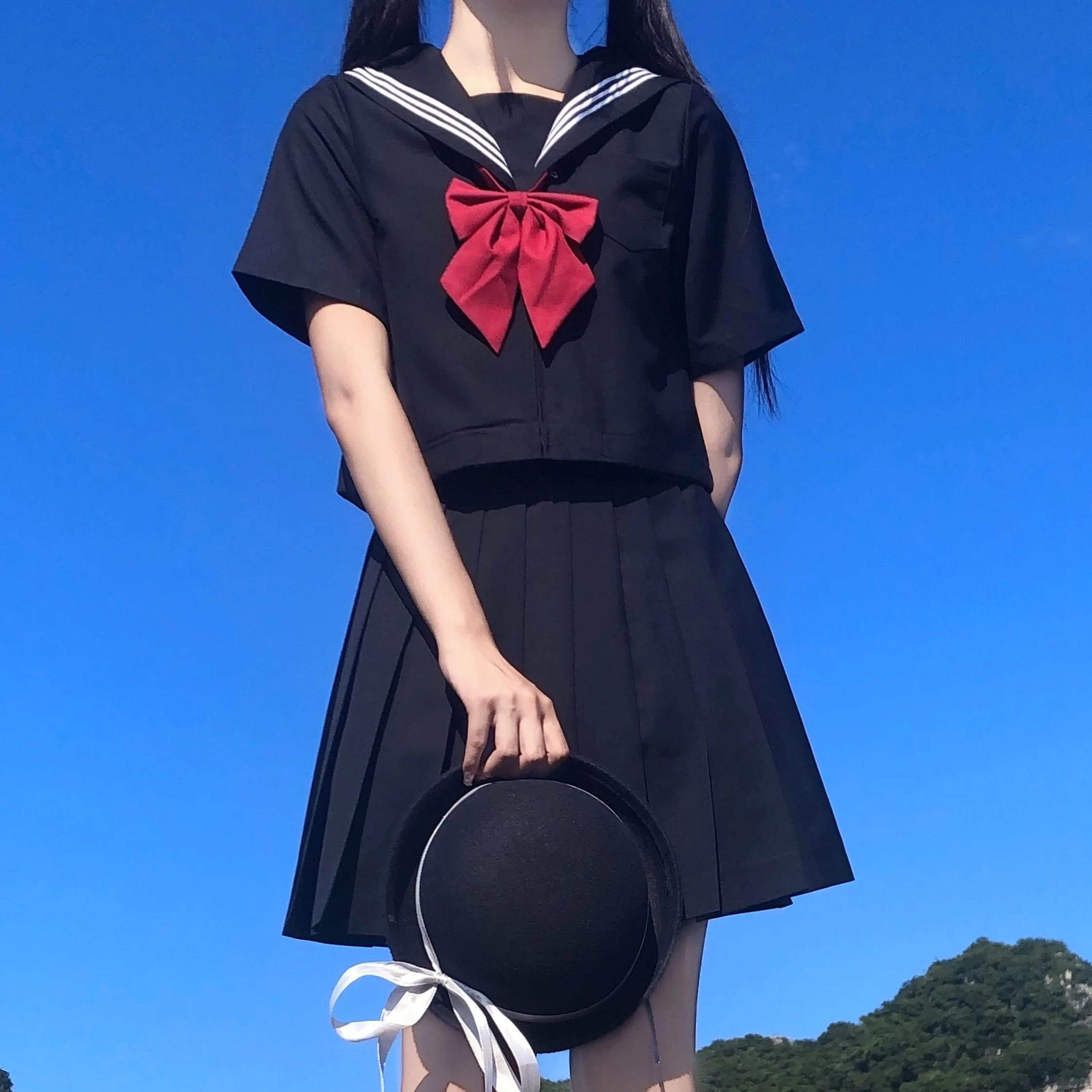 Japanese School Uniform For Women JK Sailor Suit Costume Long Sleeve White Shirt Black Skirt Set 7