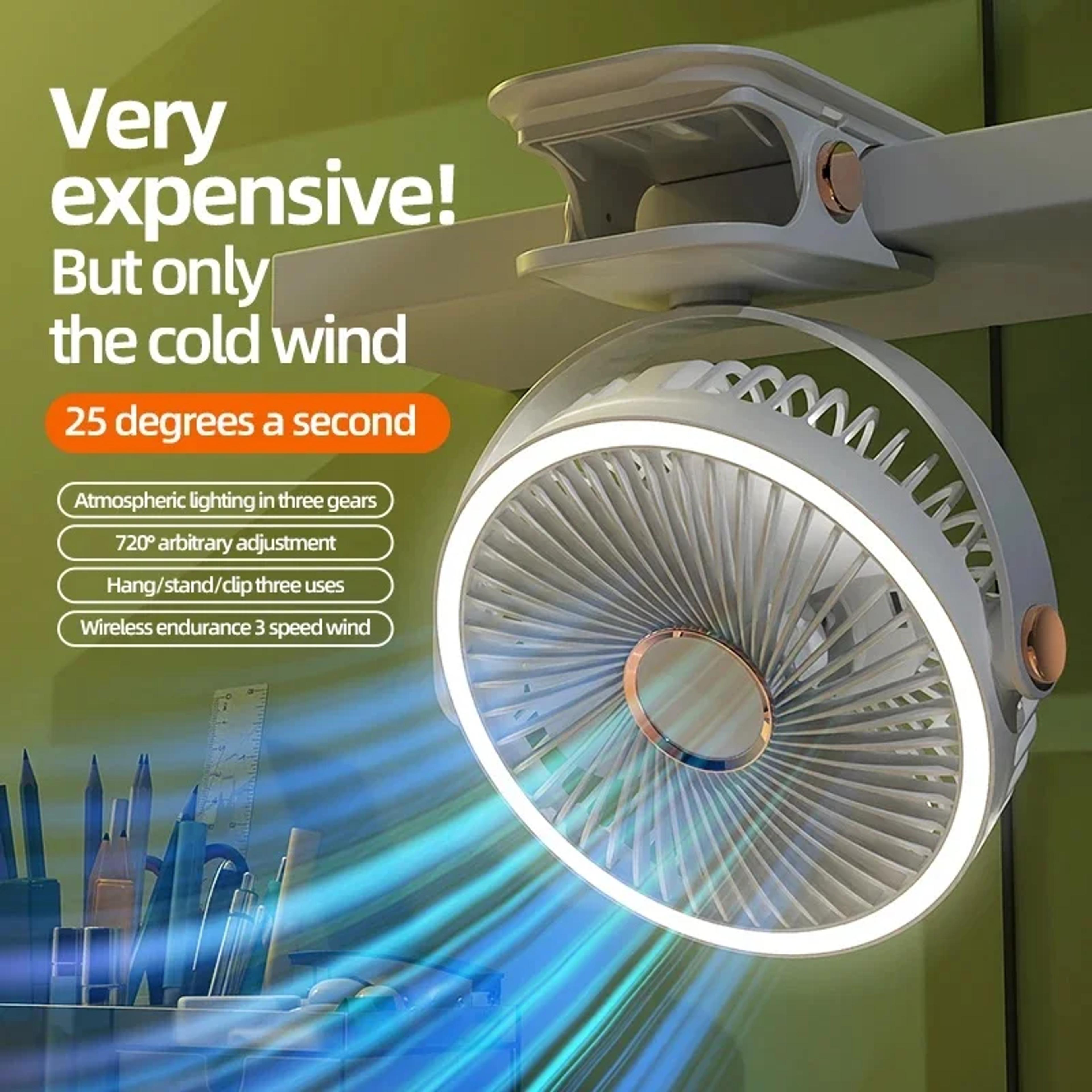 Rechargeable Camping Fan With LED Light Portable Clip On Desk And Ceiling Air Circulator 0