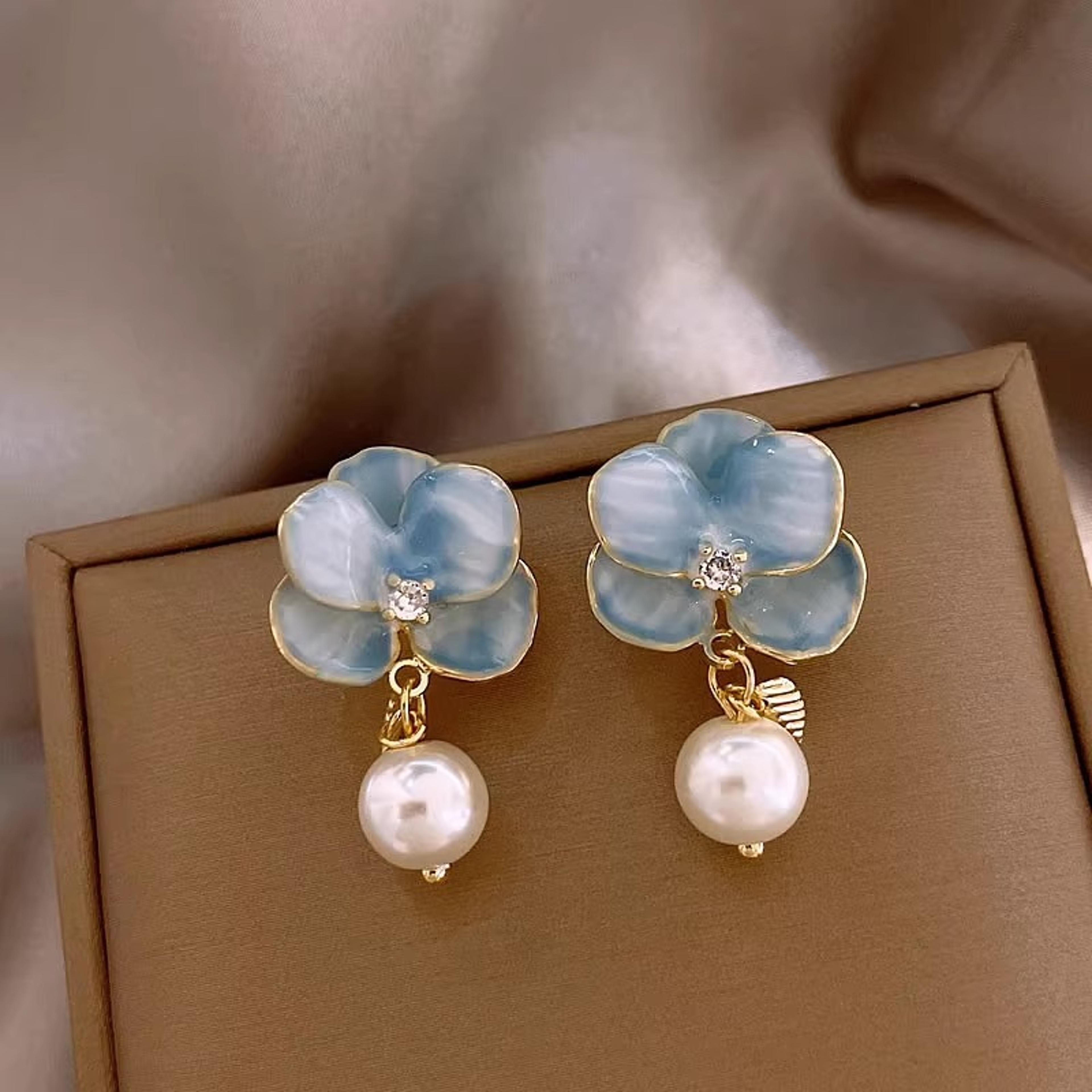Blue Drip Oil Flower Pearl Petal Earrings Retro Elegant Women Jewelry 2