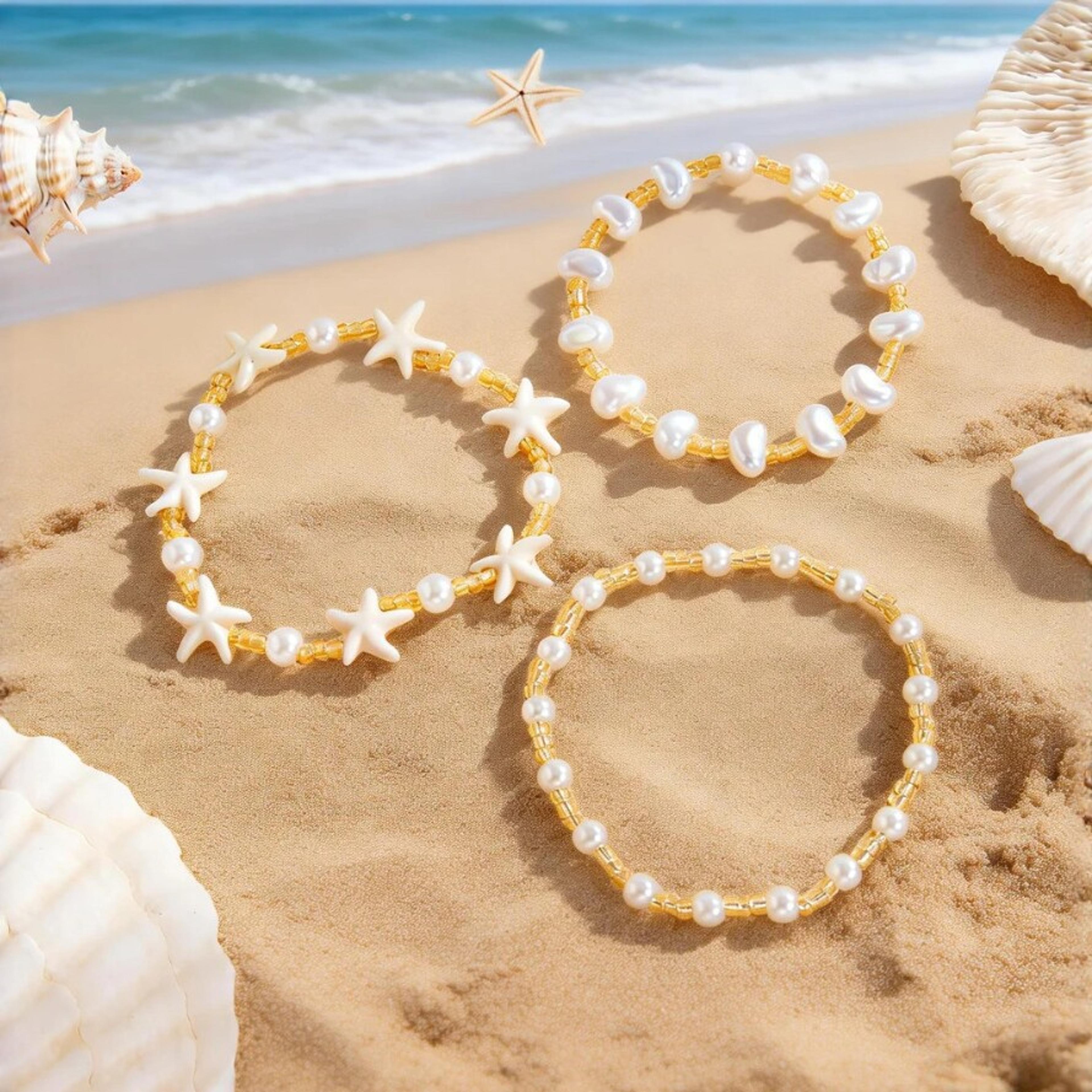 Gold Starfish Freshwater Pearl Bracelet Set Coastal Stacking Summer Beach Jewelry Gift 6