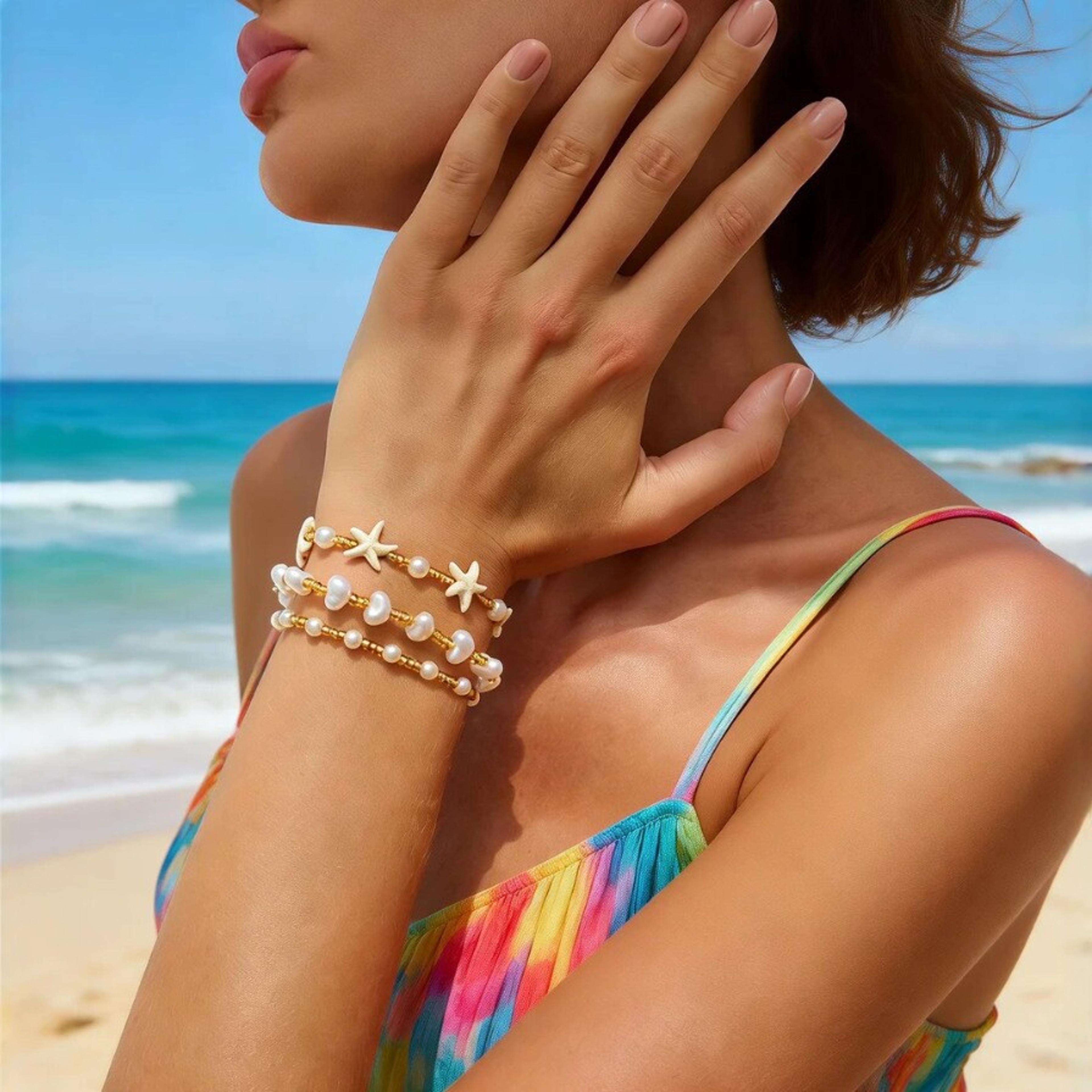 Gold Starfish Freshwater Pearl Bracelet Set Coastal Stacking Summer Beach Jewelry Gift 2