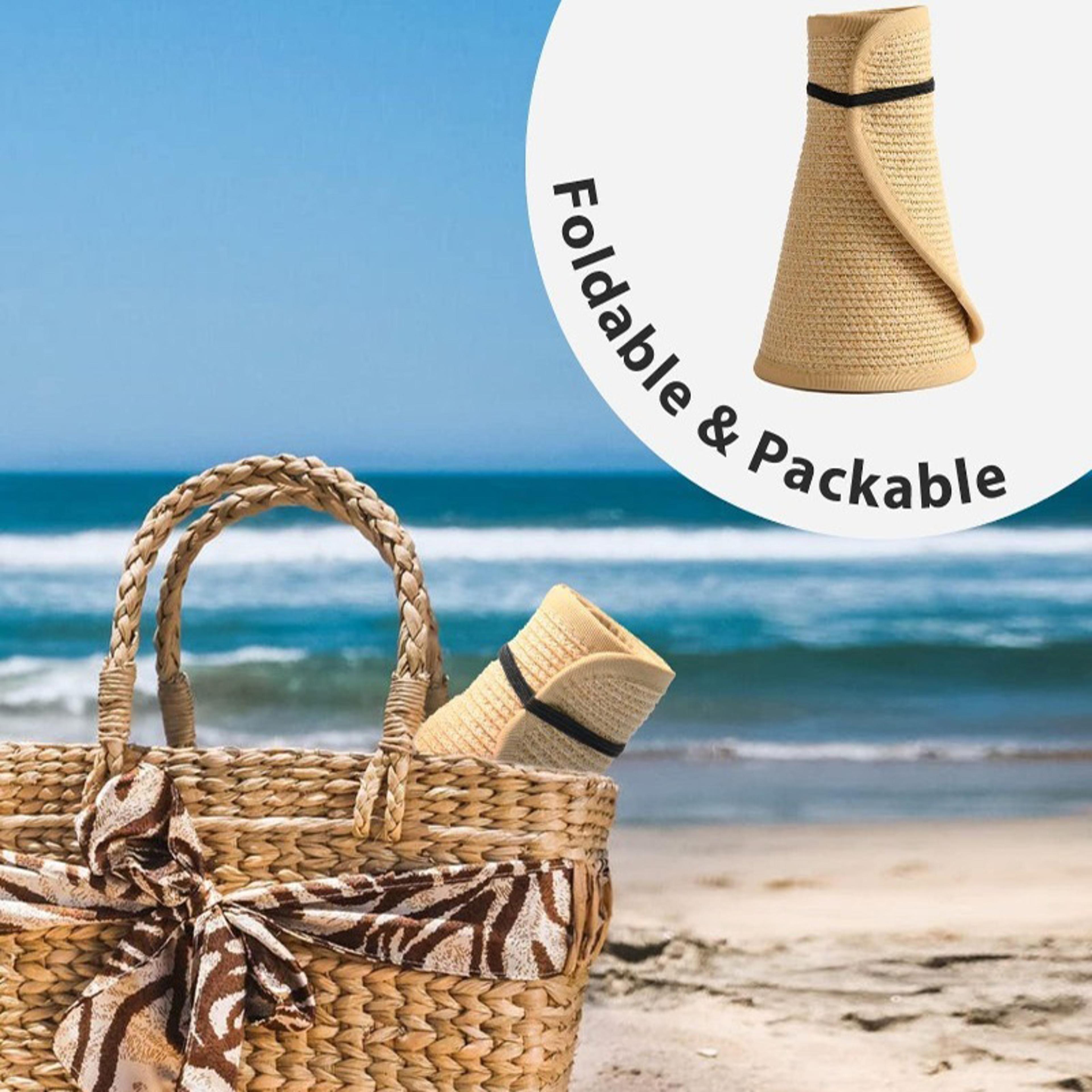 Foldable Wide Brim Straw Sun Hat For Women UV Protection Beach Visor Hat 4
