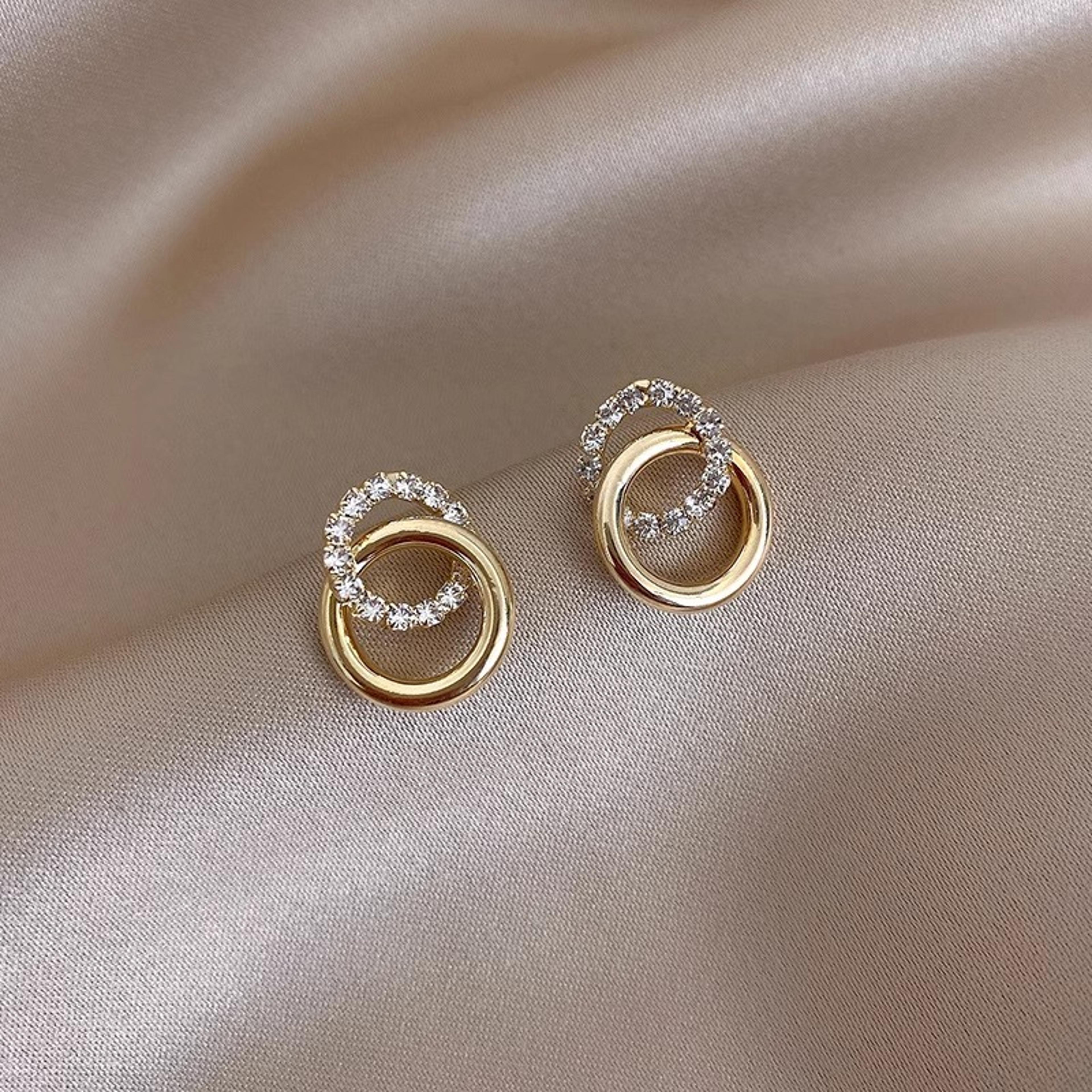 Gold Double Hoop Geometric Rhinestone Stud Earrings For Women Light Luxury Fashion Jewelry 1