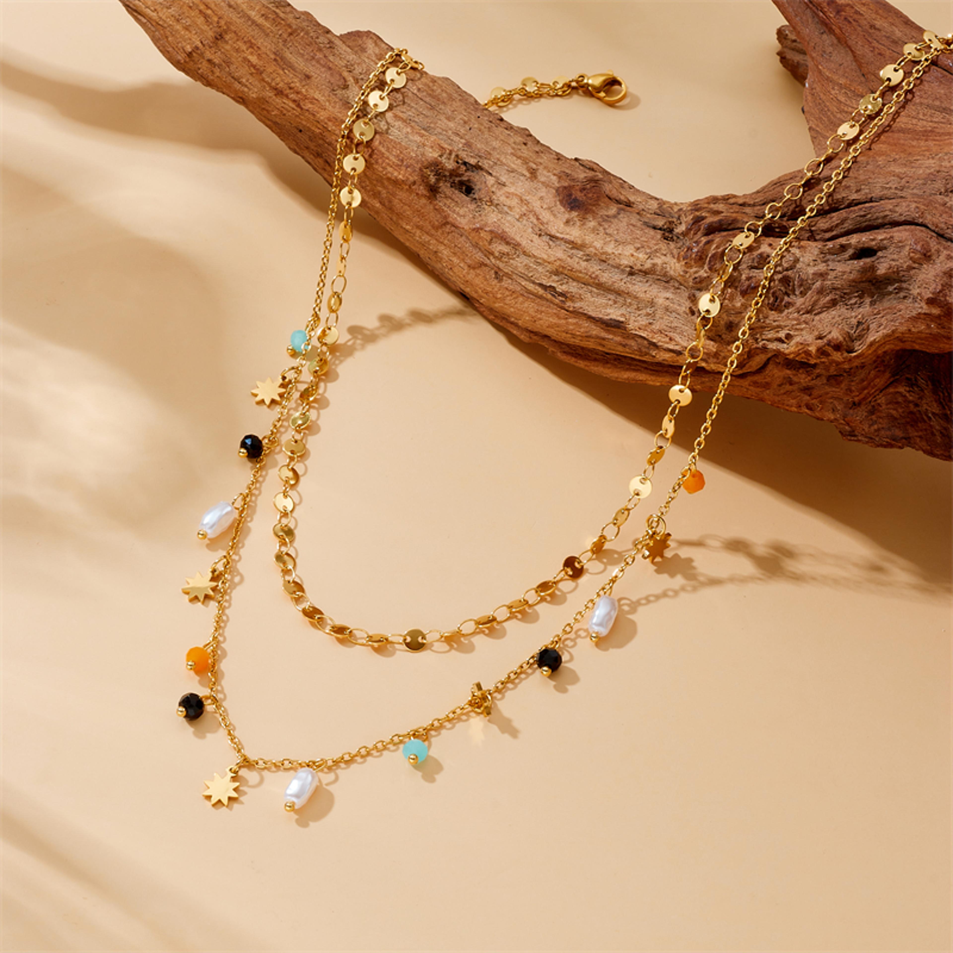 Celestial Pearl Stainless Steel Necklace With Gold Star Pentacle Pendant 4