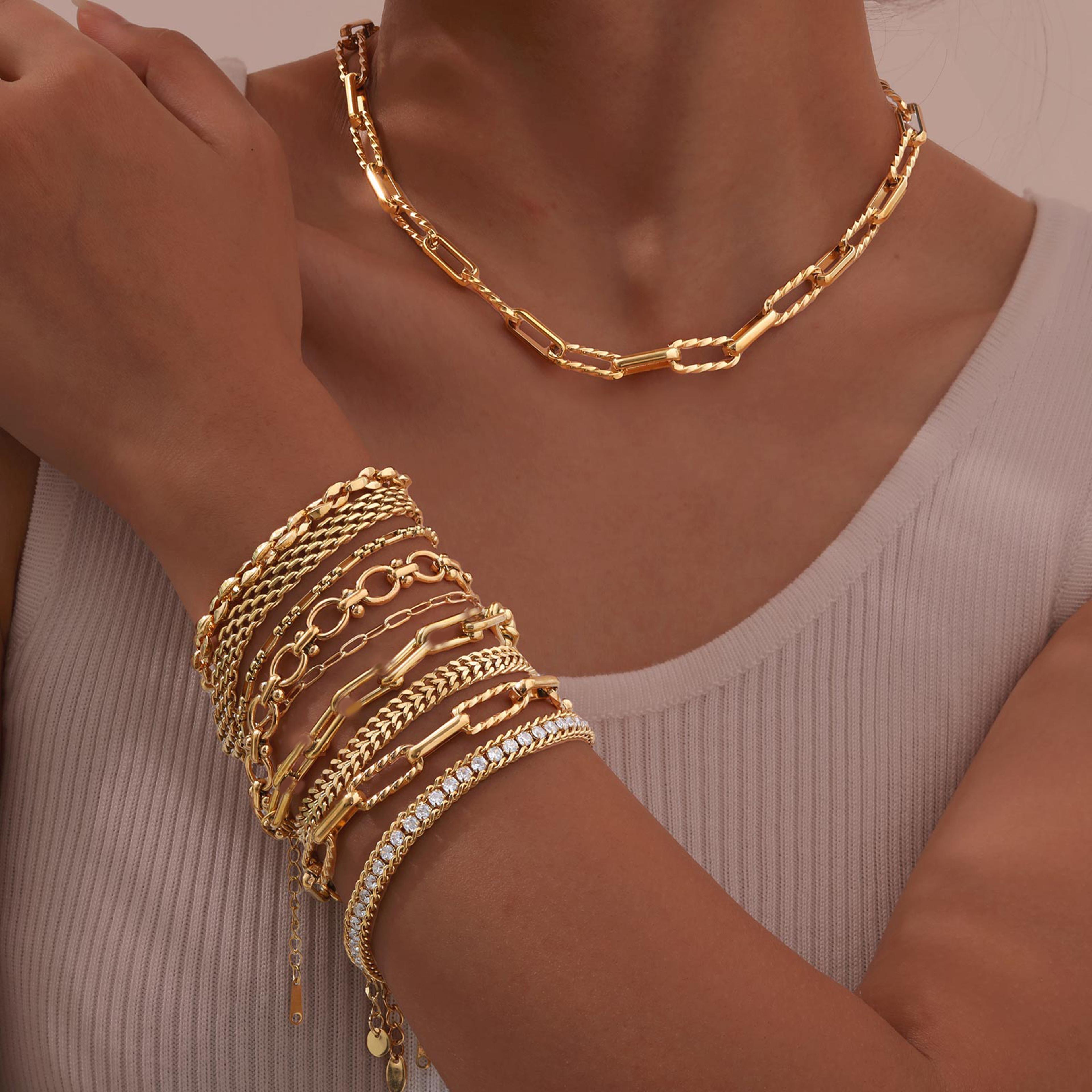 Gold Plated Stainless Steel Paperclip Bracelet For Women Adjustable Chunky Stackable Link Jewelry 5