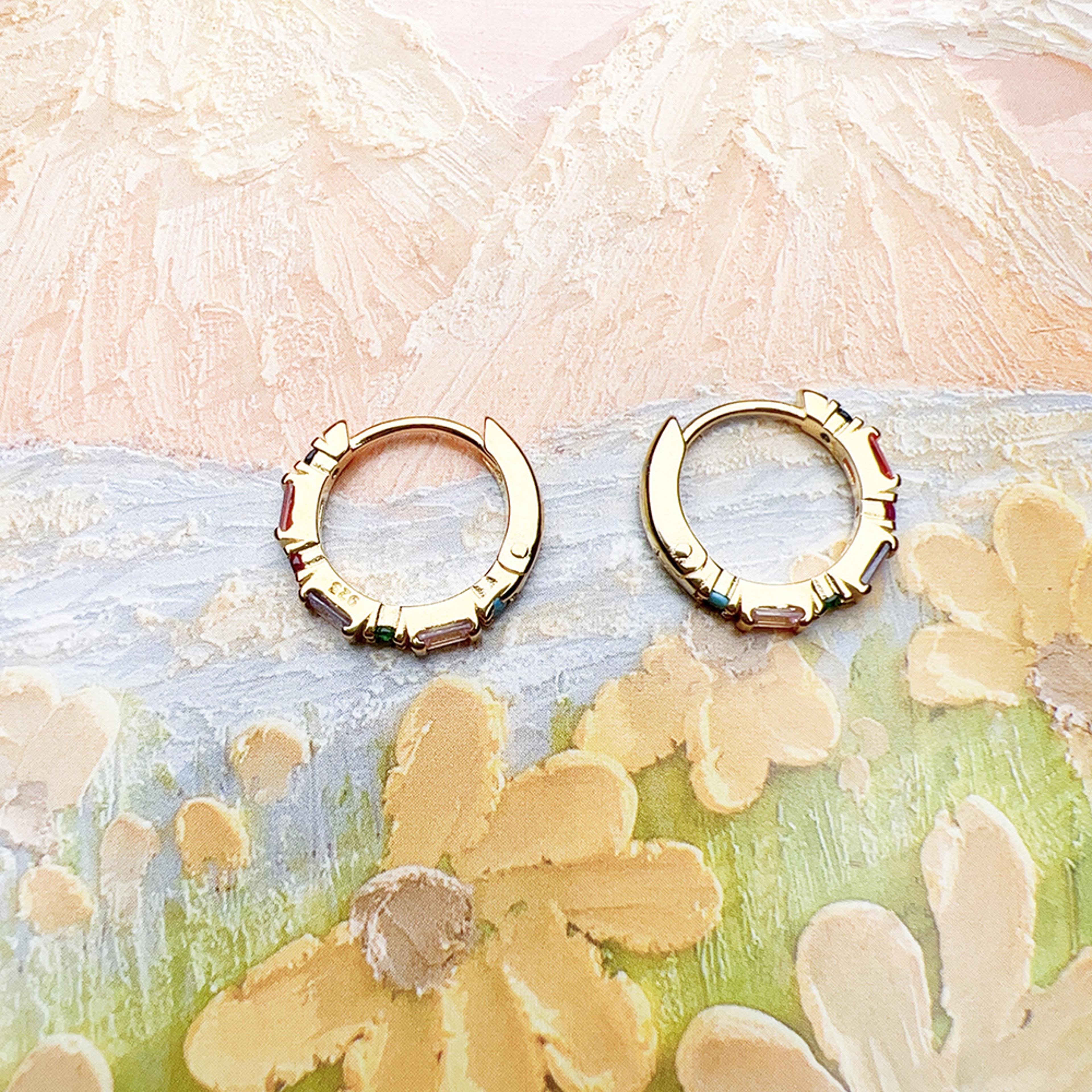 Sterling Silver Hoop Earrings With Rainbow Colorful Stones For Women 5